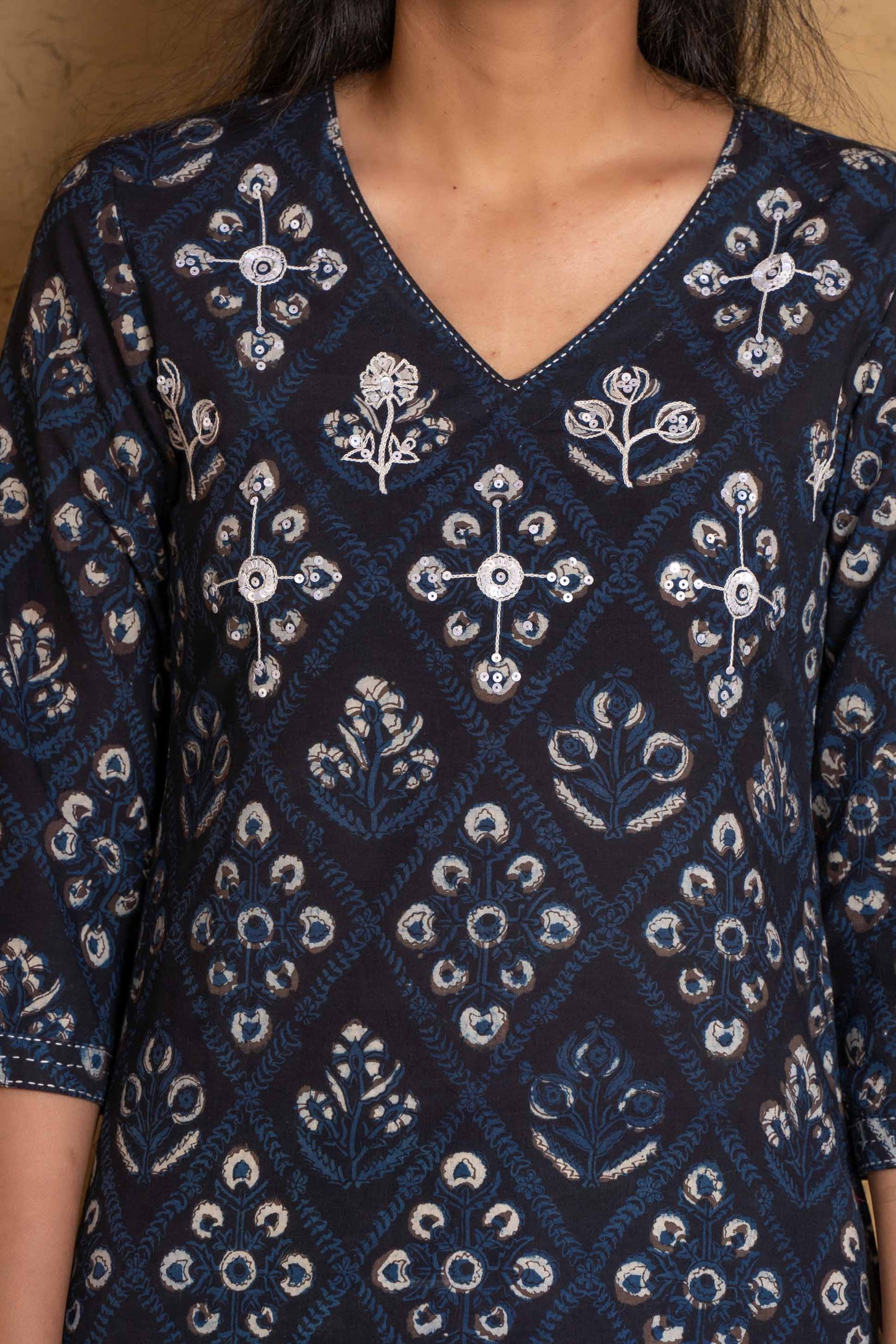 Ajrakh Embroidered Block Printed Kurta-KS596