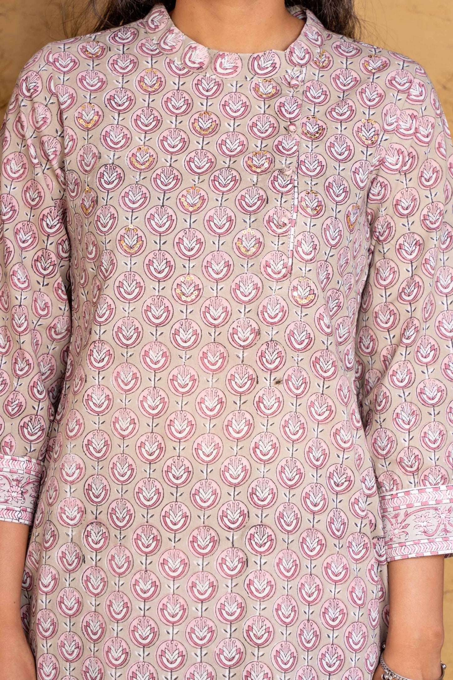 Beige Liliac Block Printed Kurta-KS597