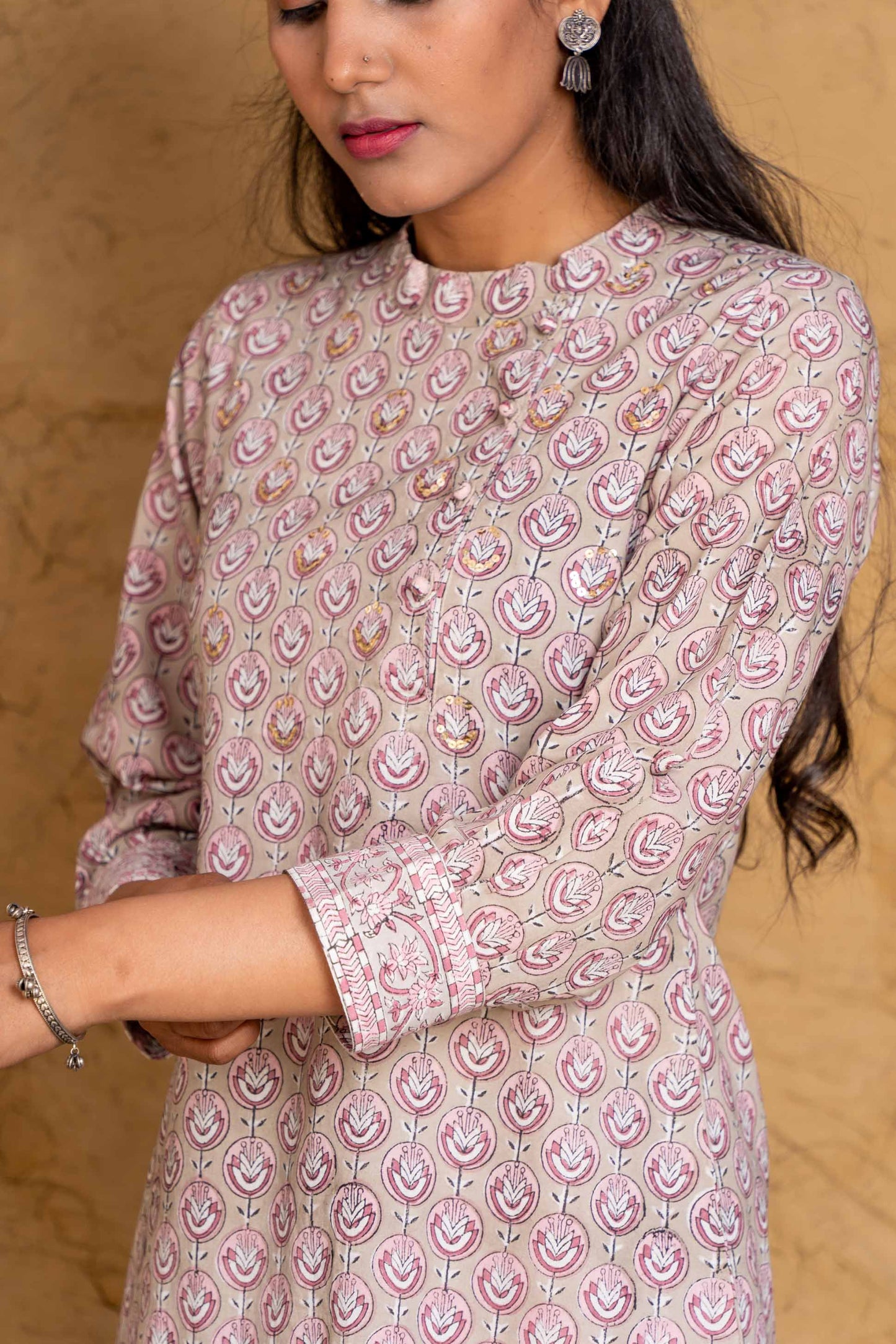 Beige Liliac Block Printed Kurta-KS597