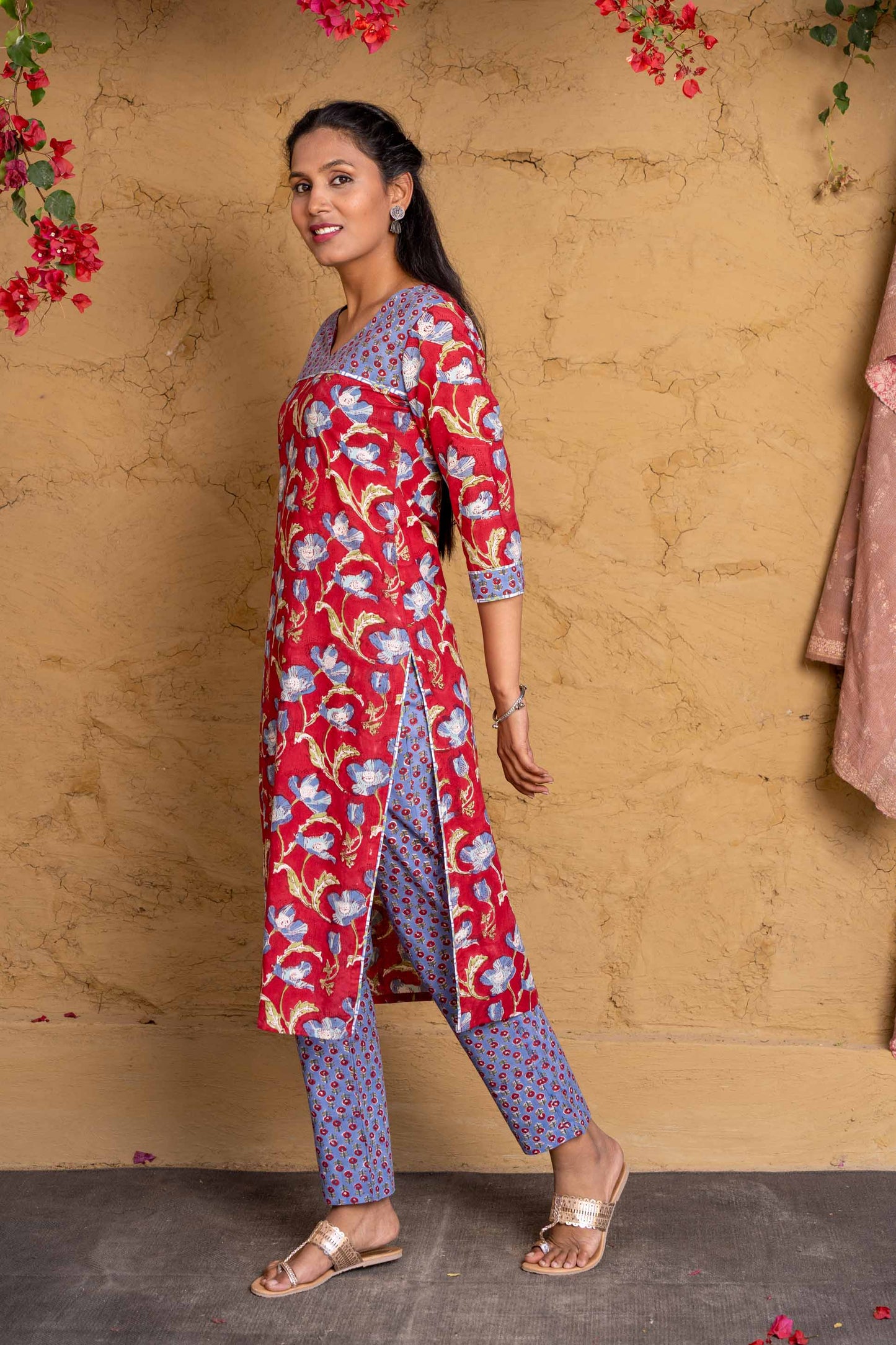 Red Blue Block Printed Kurta -KS598