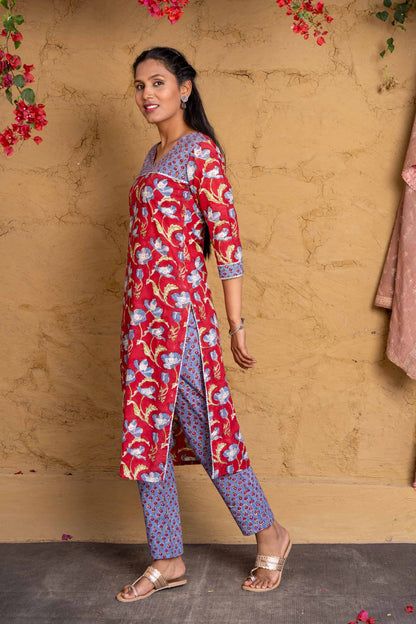 Red Blue Block Printed Kurta -KS598