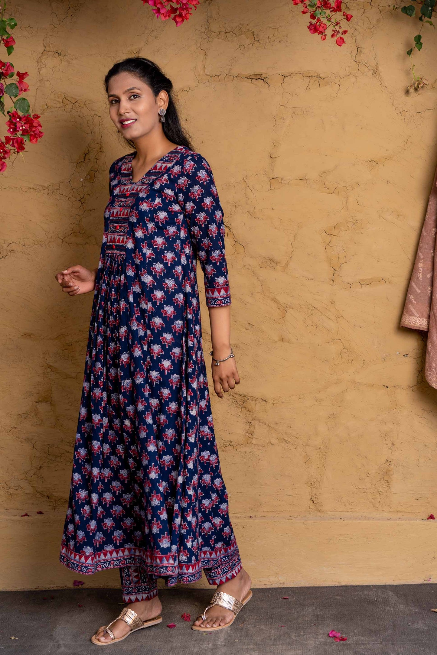 Navy Ajrakh Anarkali Cotton Kurta Set-KS592