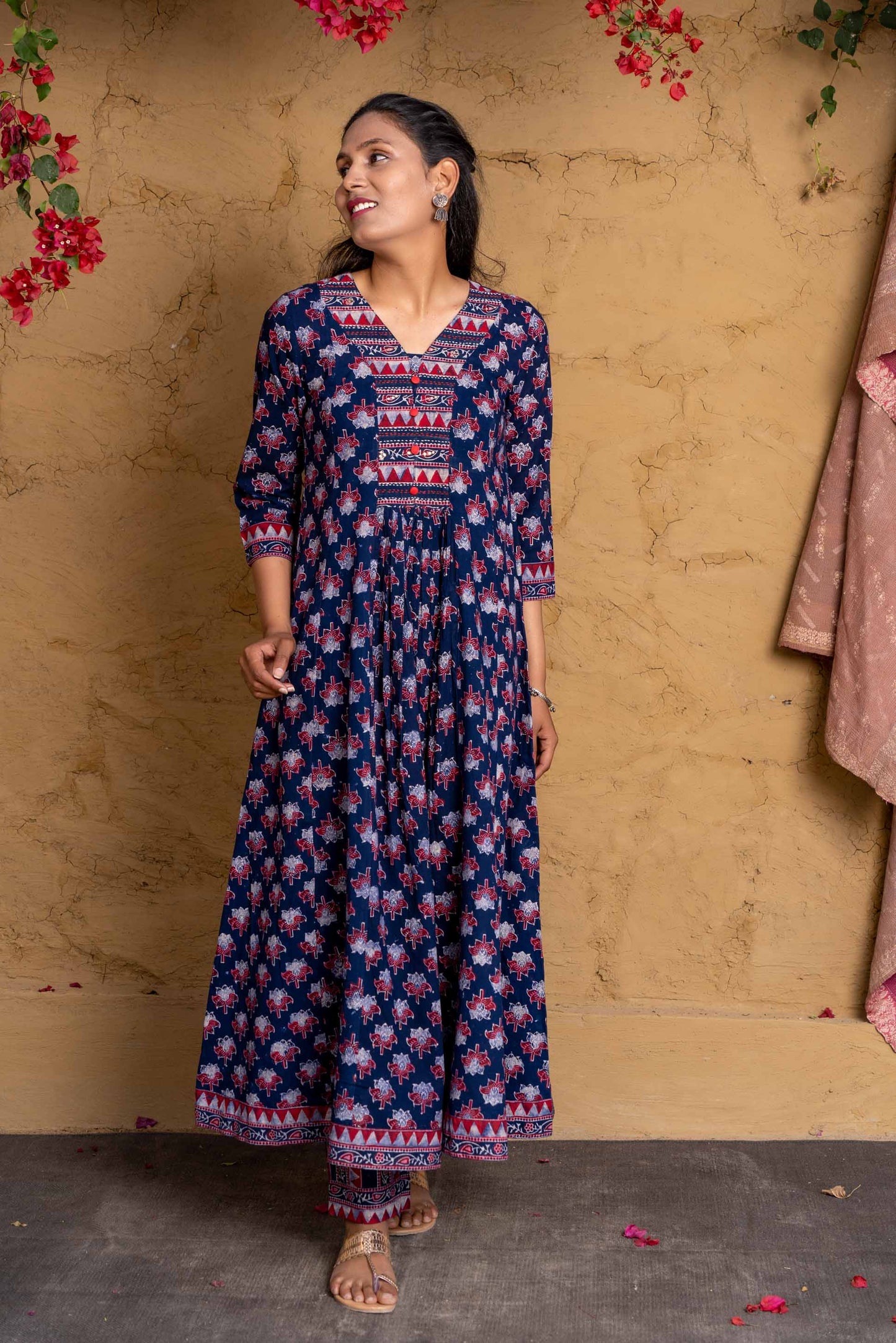 Navy Ajrakh Anarkali Cotton Kurta Set-KS592