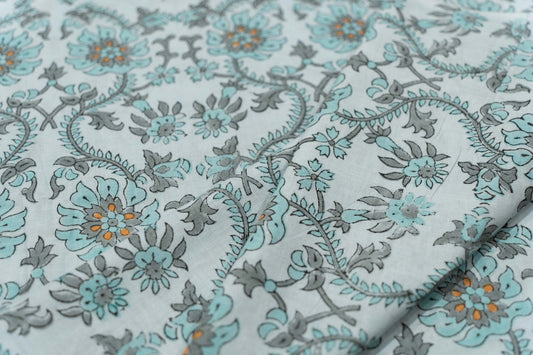 PASTEL BLUE BLOCK PRINTED COTTON FABRIC-HF5323