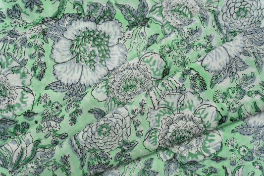 MEADOW GREEN BLOCK PRINTED COTTON FABRIC-HF5319