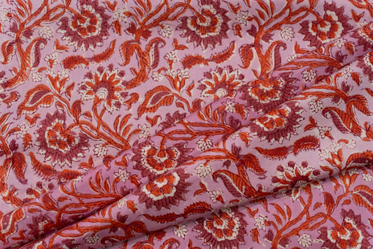 PINK FLORAL BLOCK PRINTED MERCERISED COTTON FABRIC-HF5307