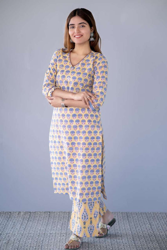 YELLOW BLOCK PRINTED KURTA PALAZZO SET-NVKS715