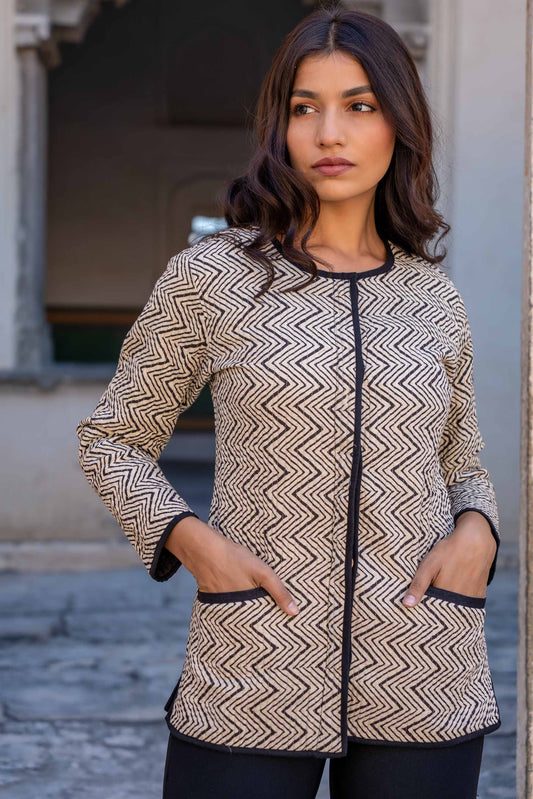 Bagru Block Printed Cotton Quilted Jacket- NVQJ273