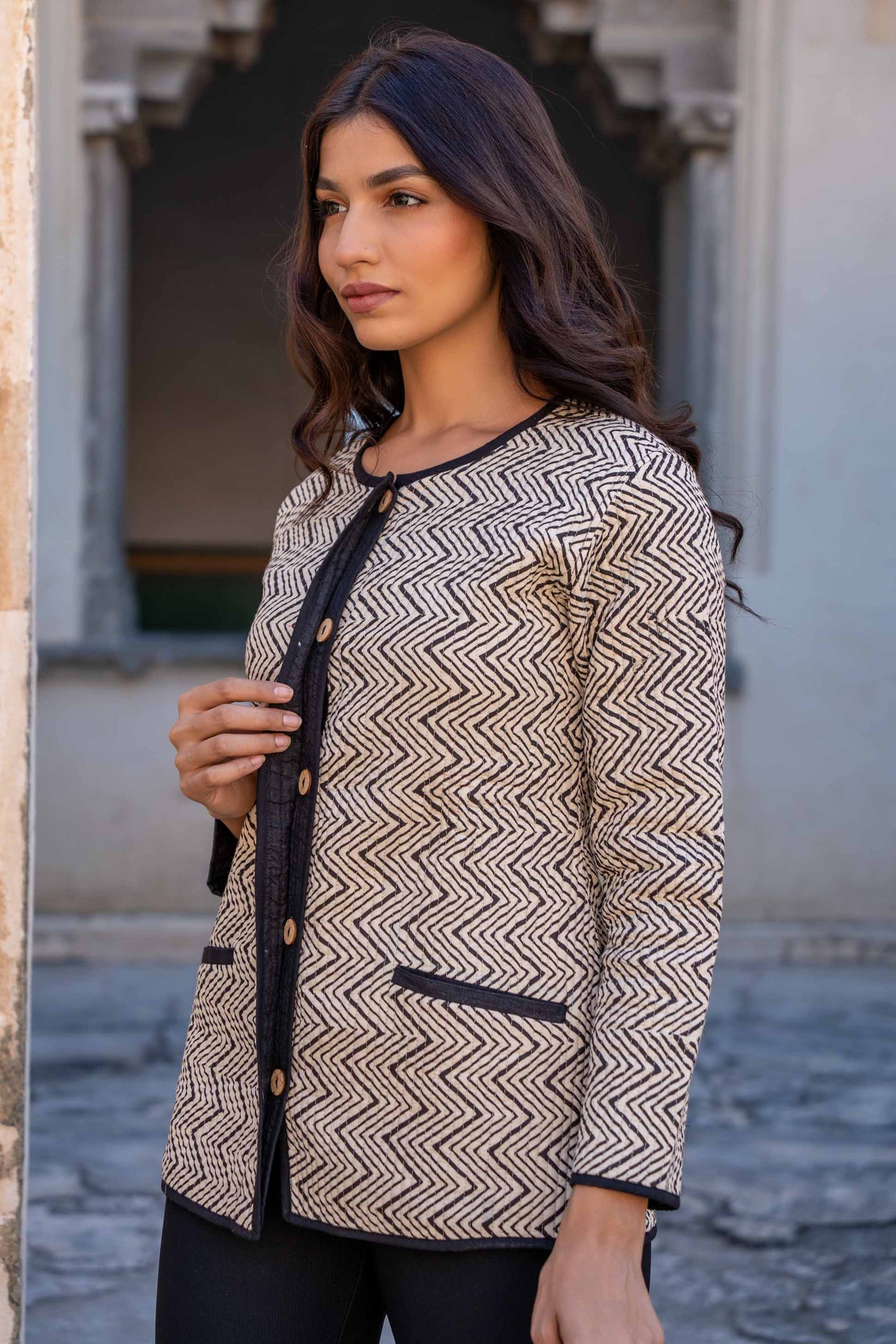 Bagru Block Printed Cotton Quilted Jacket- NVQJ273