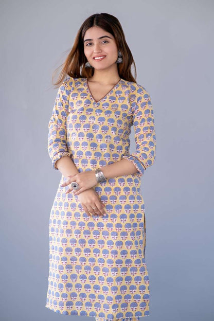 YELLOW BLOCK PRINTED KURTA -NVKS743