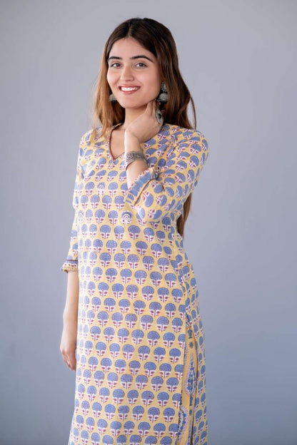 YELLOW BLOCK PRINTED KURTA -NVKS743
