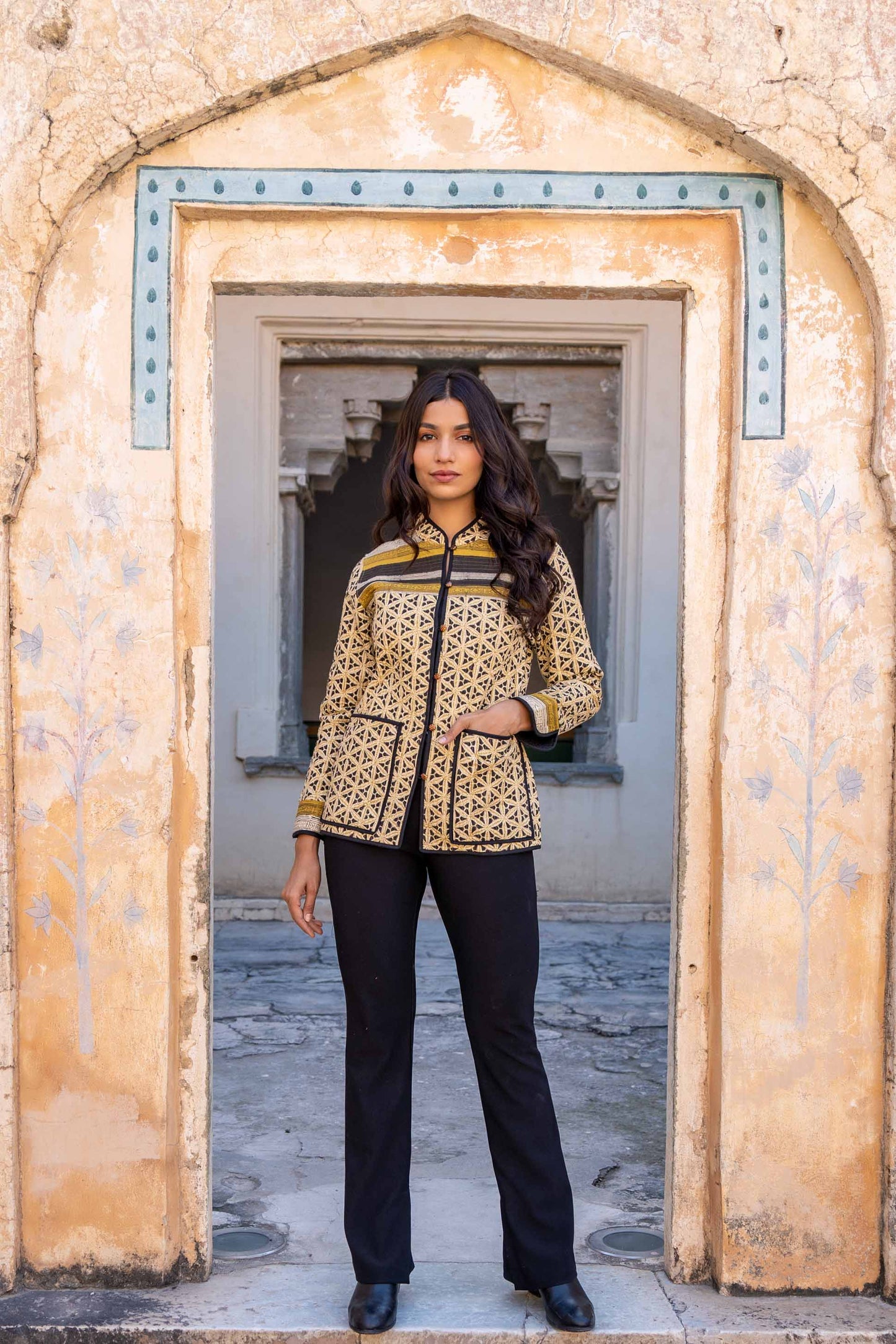 Mustard Bagru Block Printed Cotton Quilted Jacket- NVQJ274 SALE