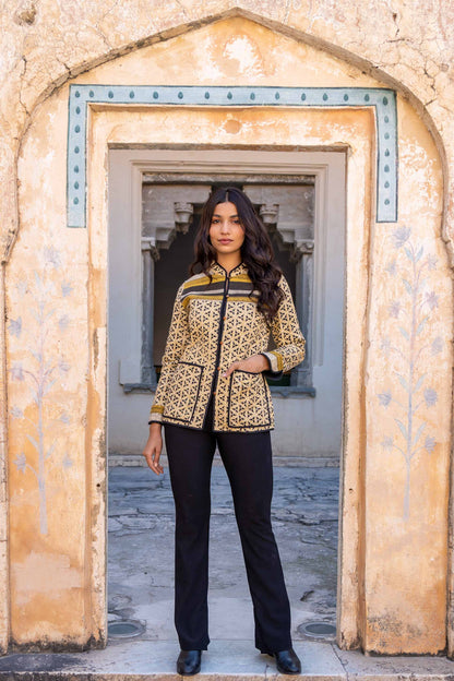 Mustard Bagru Block Printed Cotton Quilted Jacket- NVQJ274 SALE
