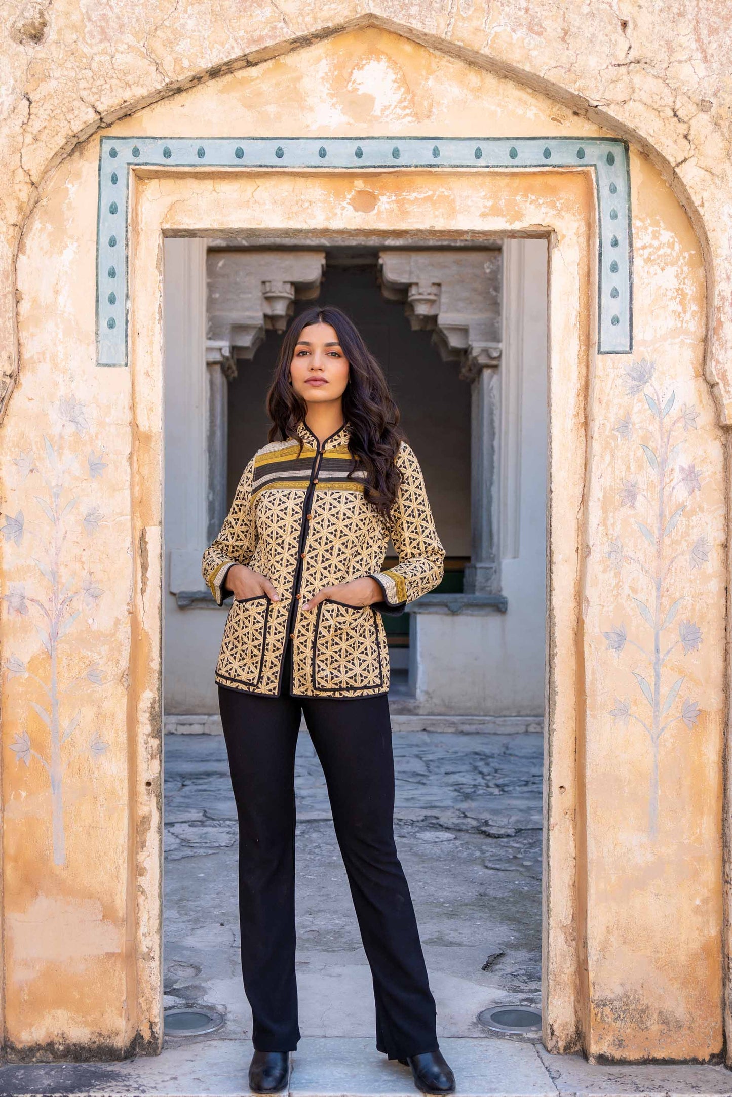 Mustard Bagru Block Printed Cotton Quilted Jacket- NVQJ274 SALE
