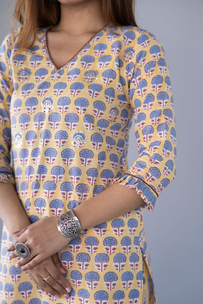 YELLOW BLOCK PRINTED KURTA -NVKS743
