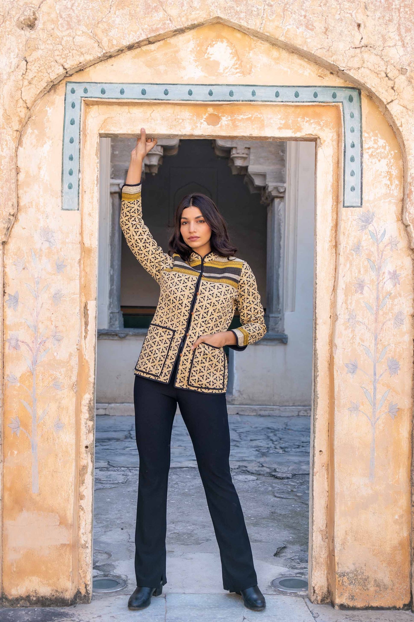 Mustard Bagru Block Printed Cotton Quilted Jacket- NVQJ274 SALE