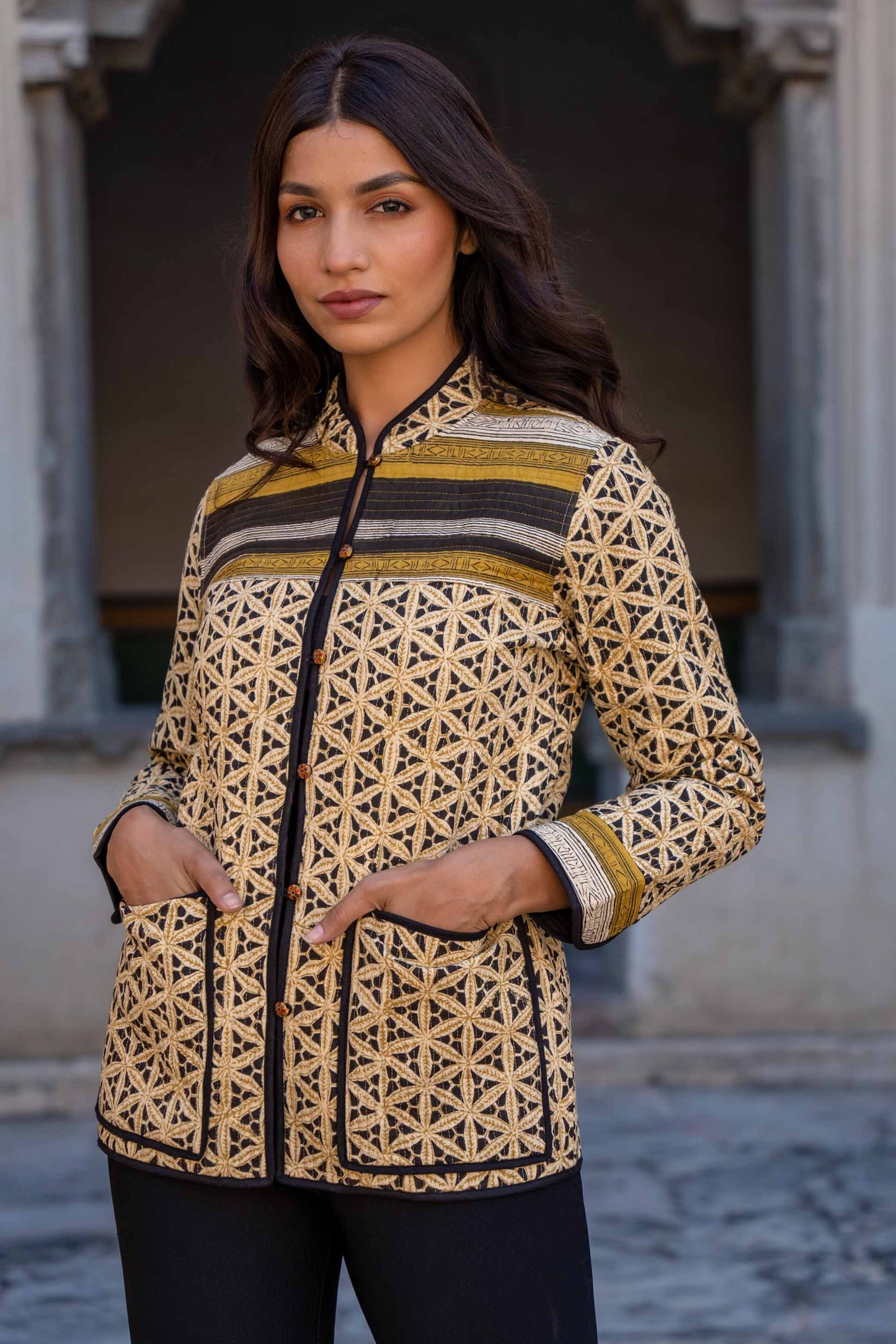 Mustard Bagru Block Printed Cotton Quilted Jacket- NVQJ274 SALE