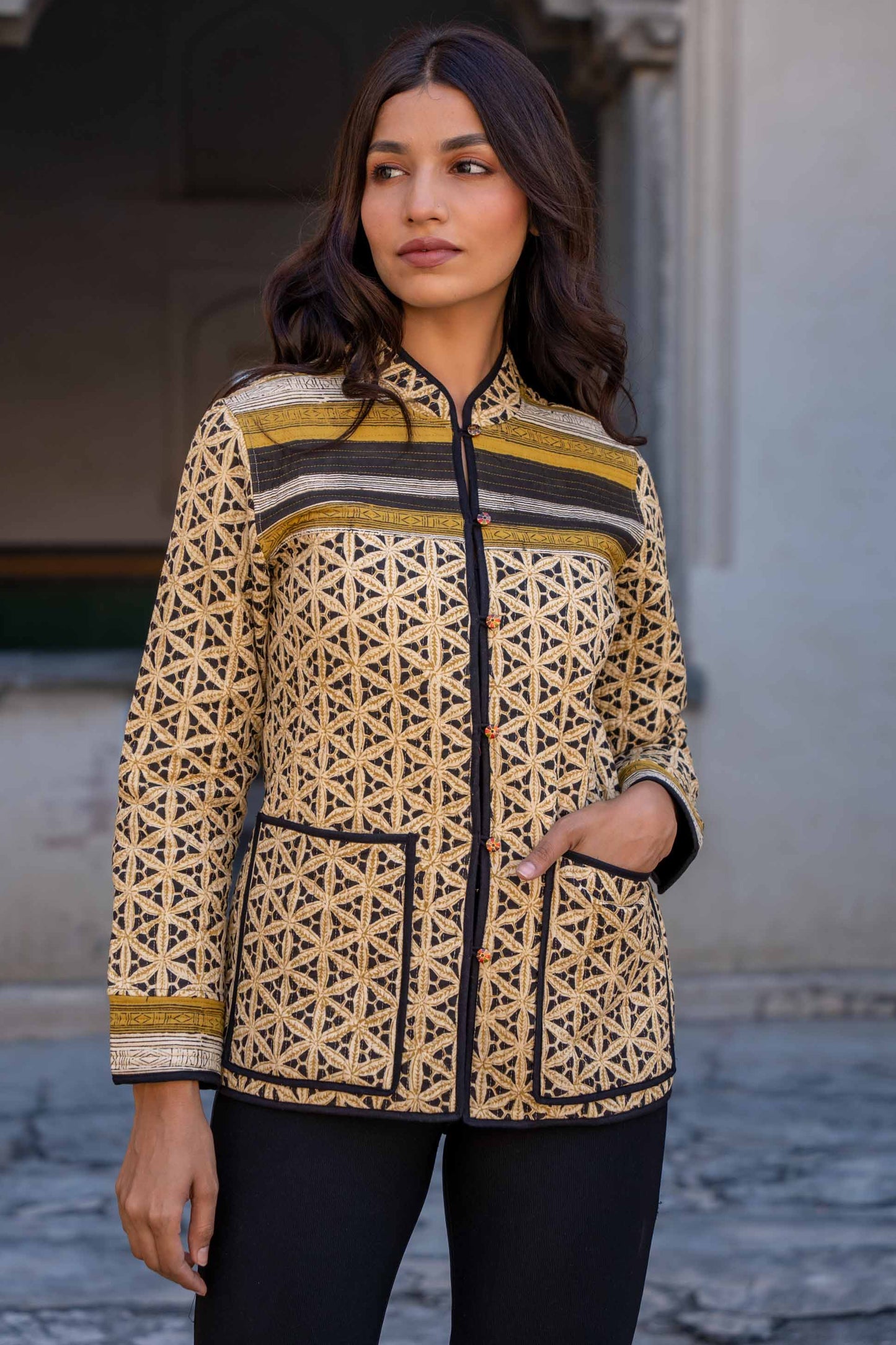 Mustard Bagru Block Printed Cotton Quilted Jacket- NVQJ274 SALE