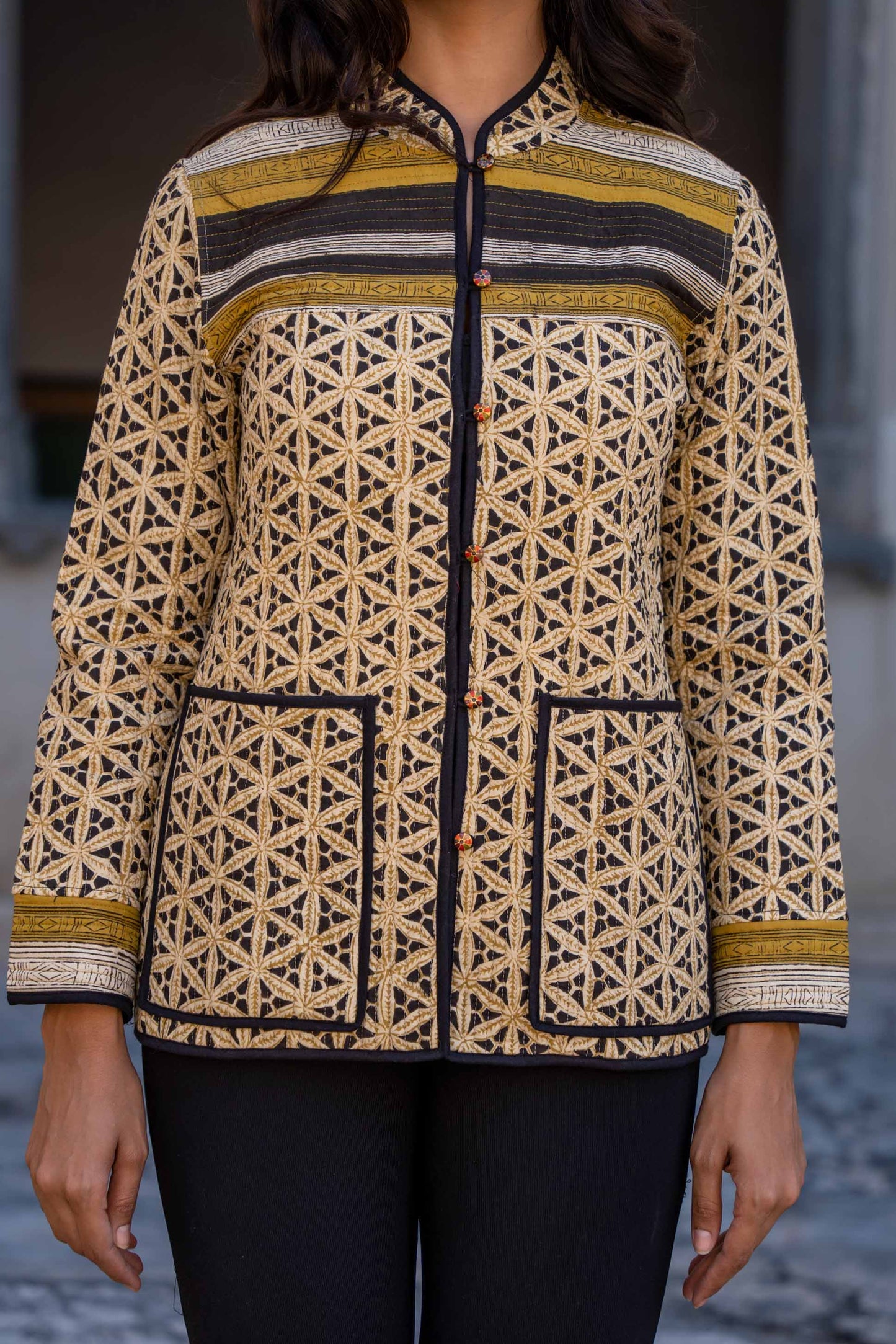 Mustard Bagru Block Printed Cotton Quilted Jacket- NVQJ274 SALE