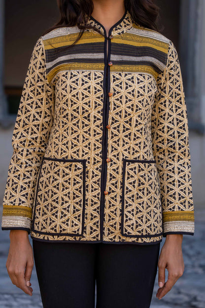 Mustard Bagru Block Printed Cotton Quilted Jacket- NVQJ274 SALE