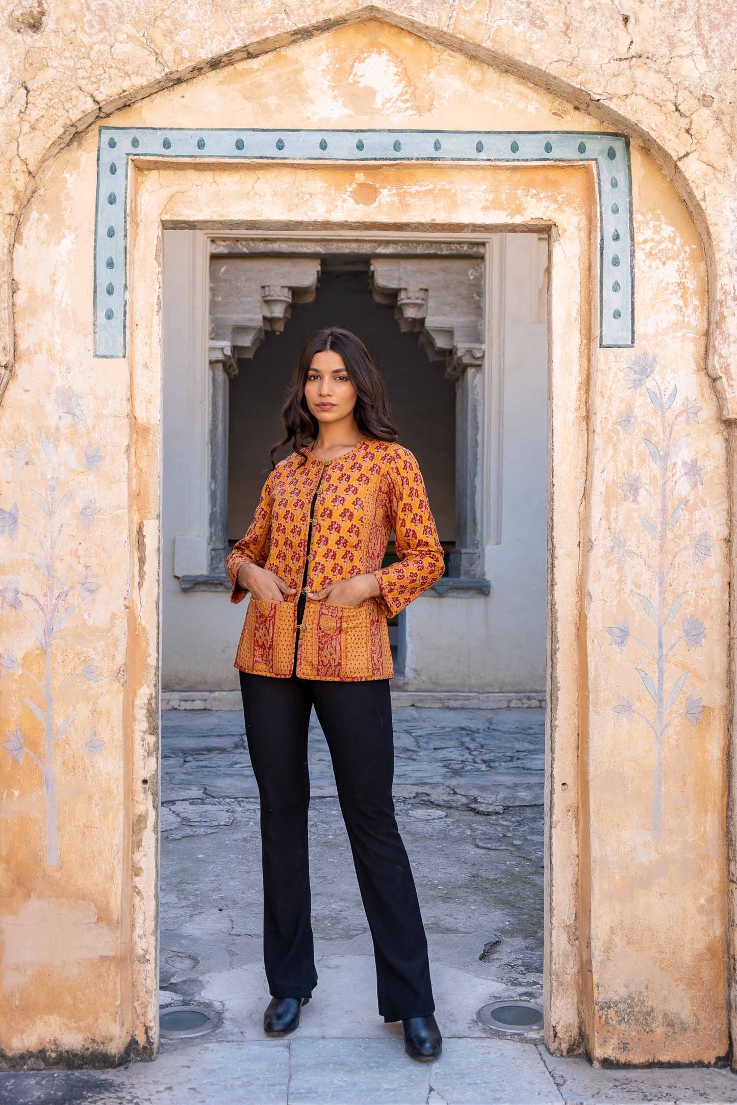 Mustard Red Reversible Block Printed Quilted Jacket- NVQJ279 SALE