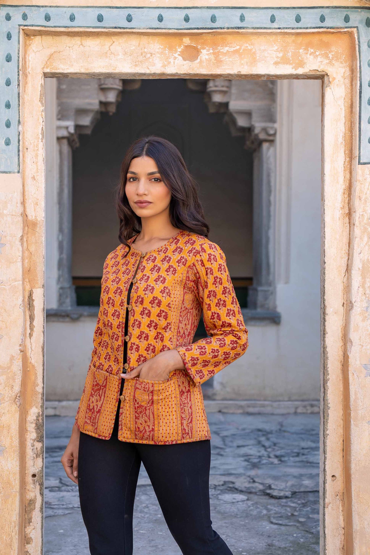Mustard Red Reversible Block Printed Quilted Jacket- NVQJ279 SALE