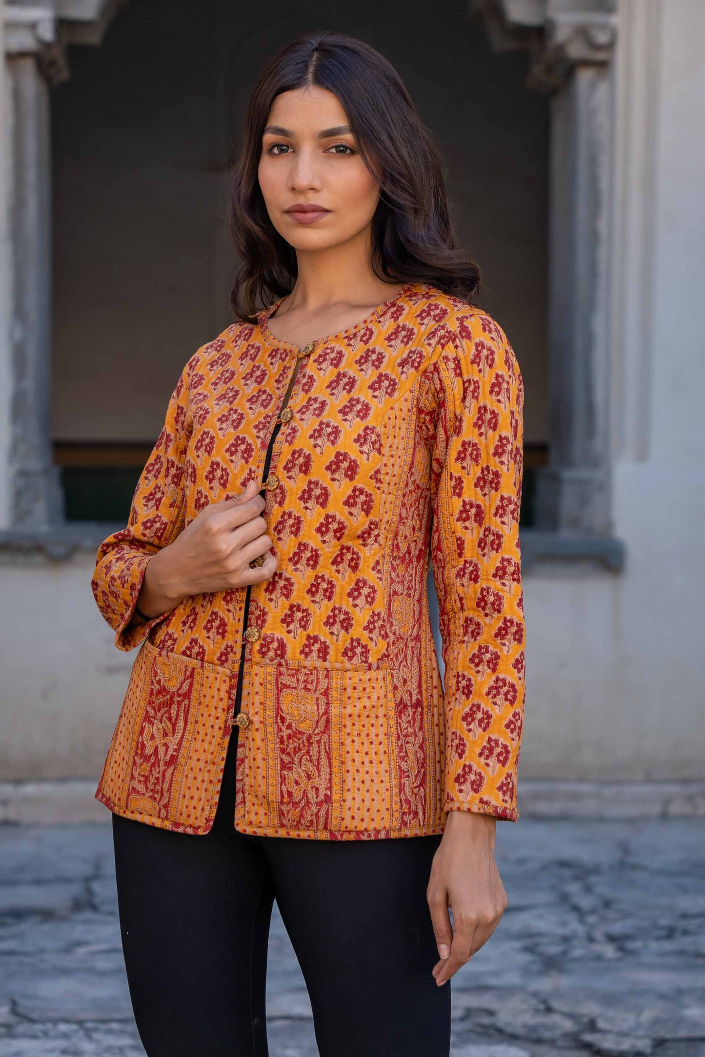 Mustard Red Reversible Block Printed Quilted Jacket- NVQJ279 SALE