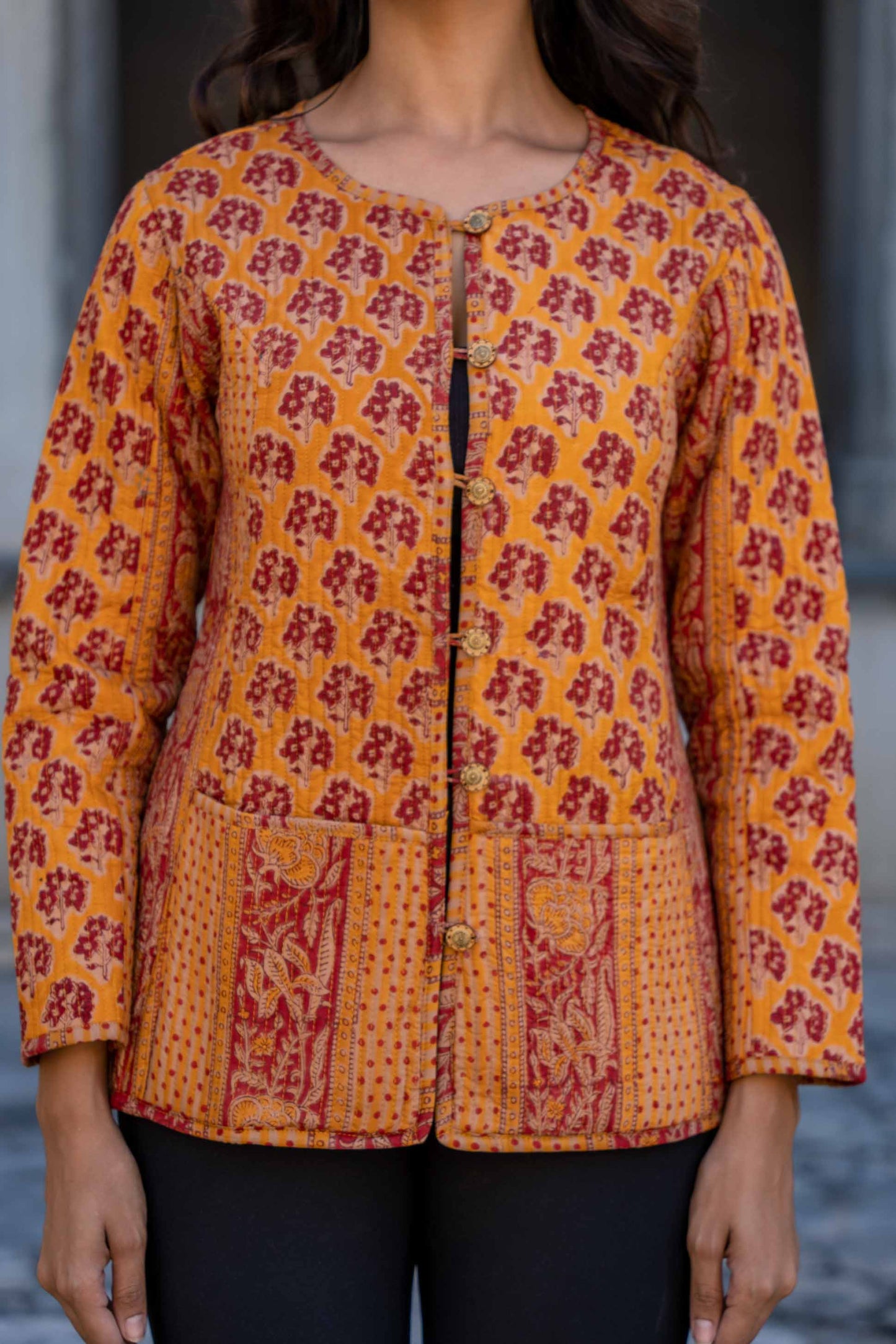 Mustard Red Reversible Block Printed Quilted Jacket- NVQJ279 SALE