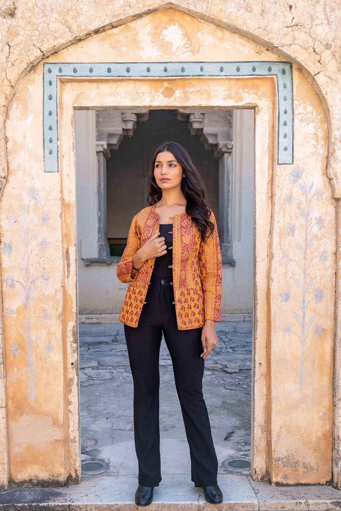 Mustard Red Reversible Block Printed Quilted Jacket- NVQJ279 SALE