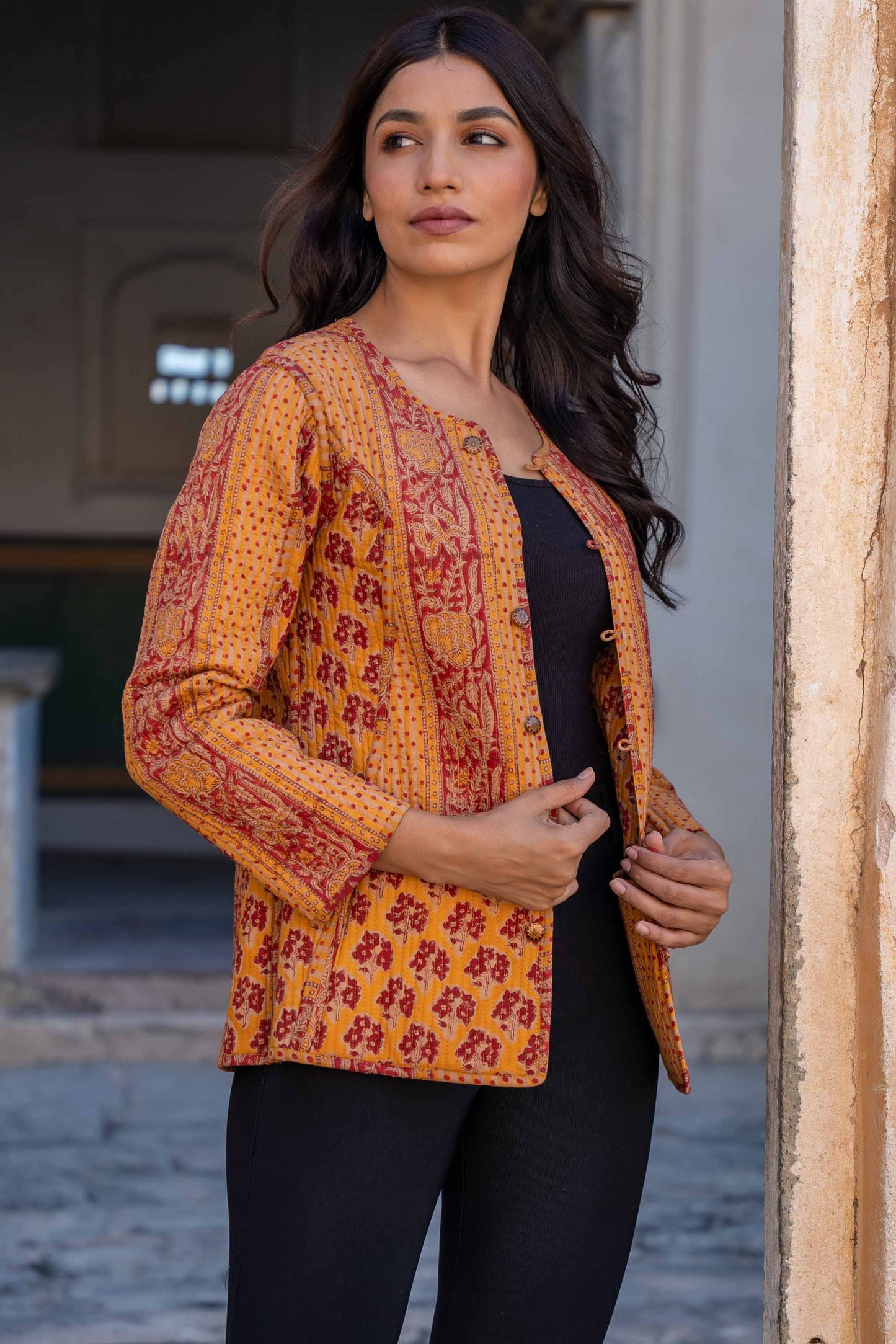 Mustard Red Reversible Block Printed Quilted Jacket- NVQJ279 SALE