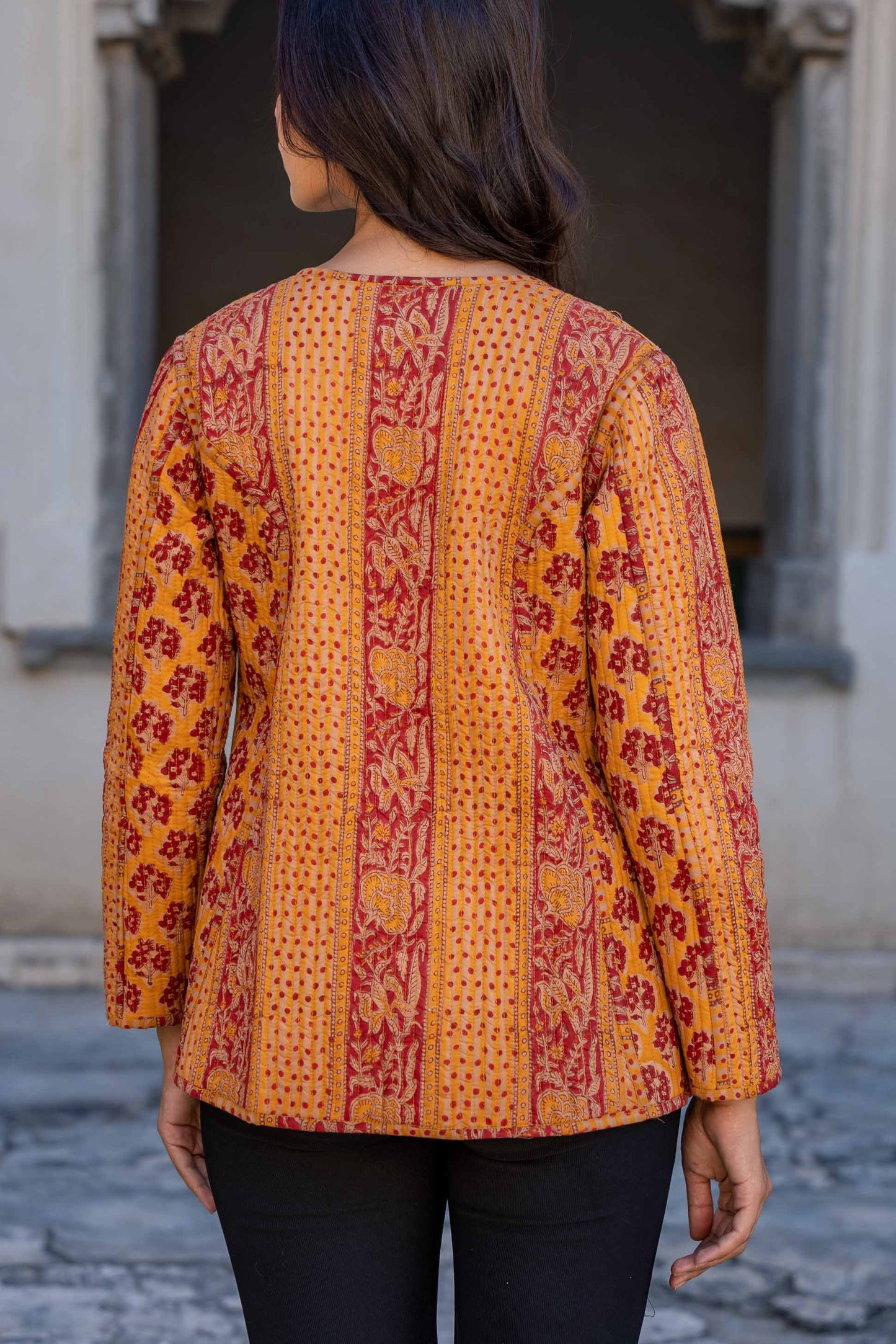 Mustard Red Reversible Block Printed Quilted Jacket- NVQJ279 SALE