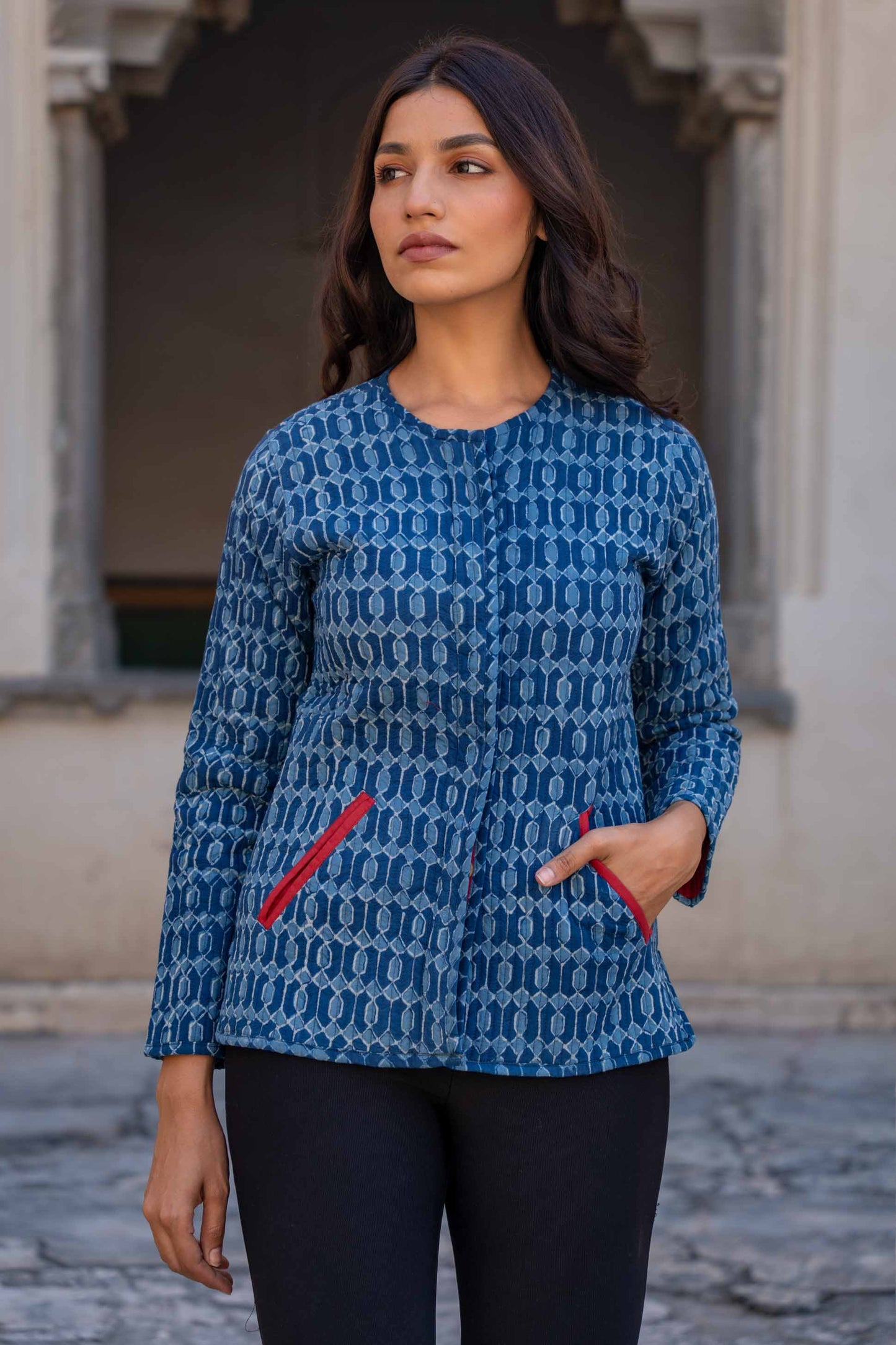 Indigo Block Printed Cotton Quilted Jacket- NVQJ275