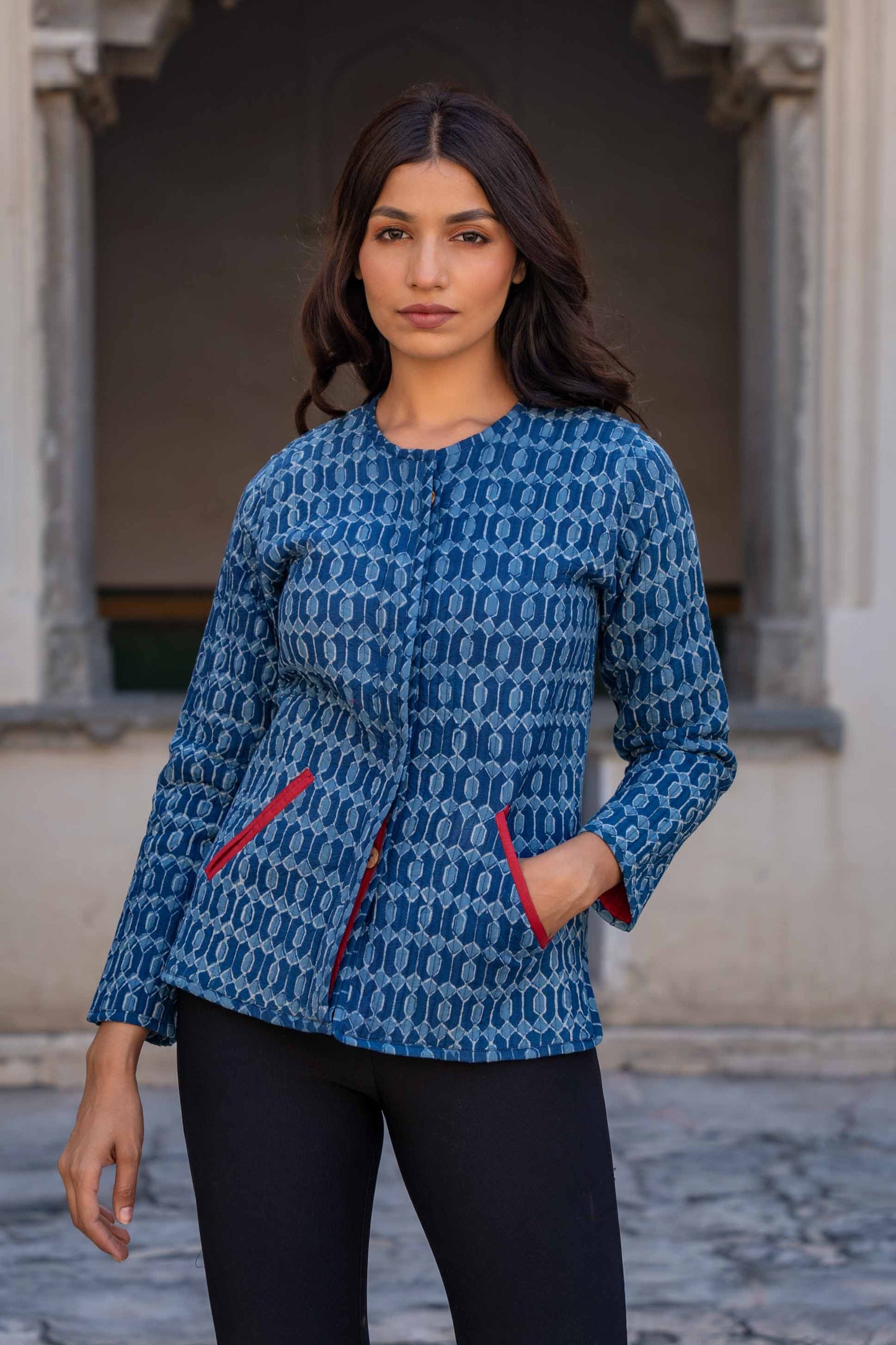 Indigo Block Printed Cotton Quilted Jacket- NVQJ275