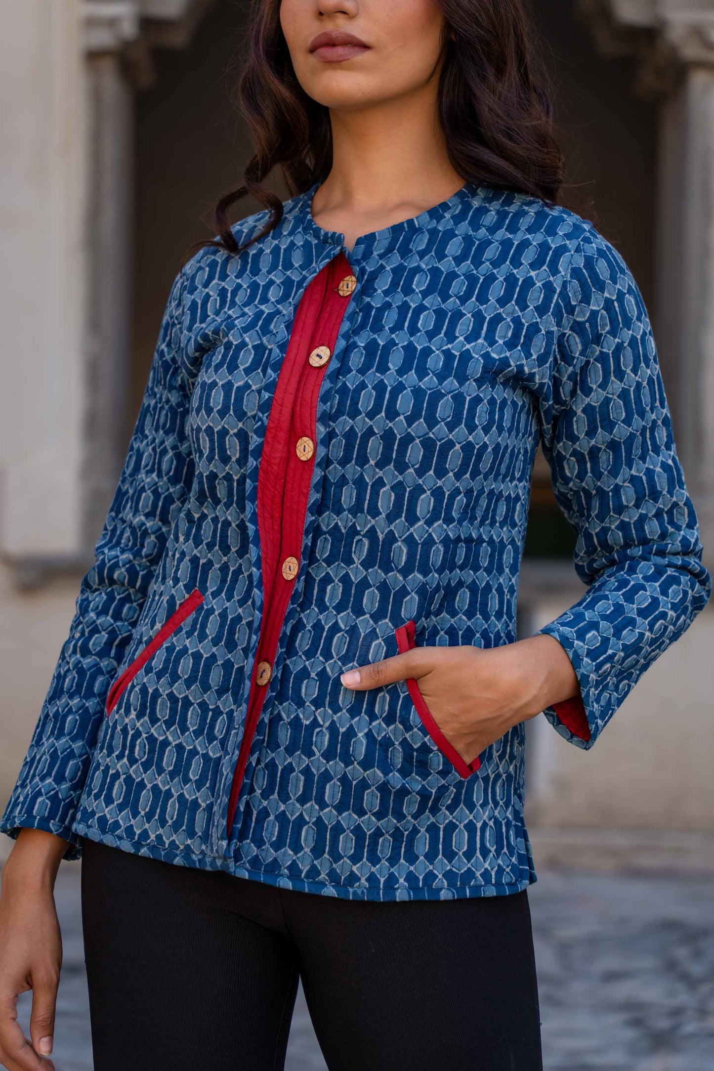 Indigo Block Printed Cotton Quilted Jacket- NVQJ275