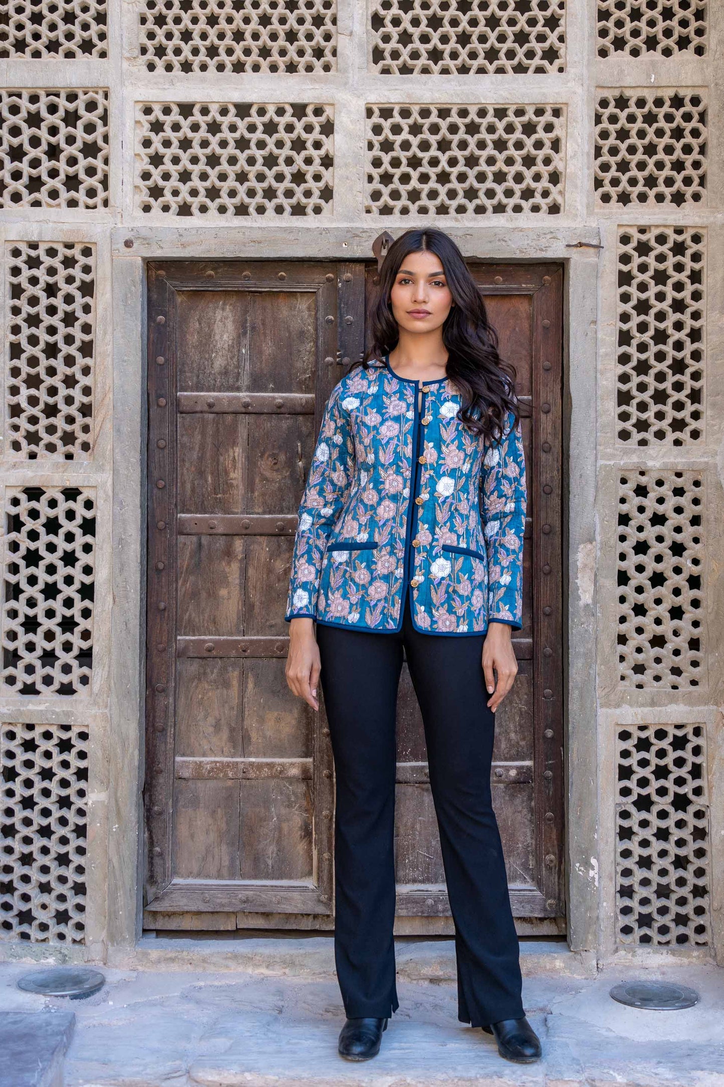 Blue Floral Reversible Block Printed Quilted Jacket- NVQJ278 SALE