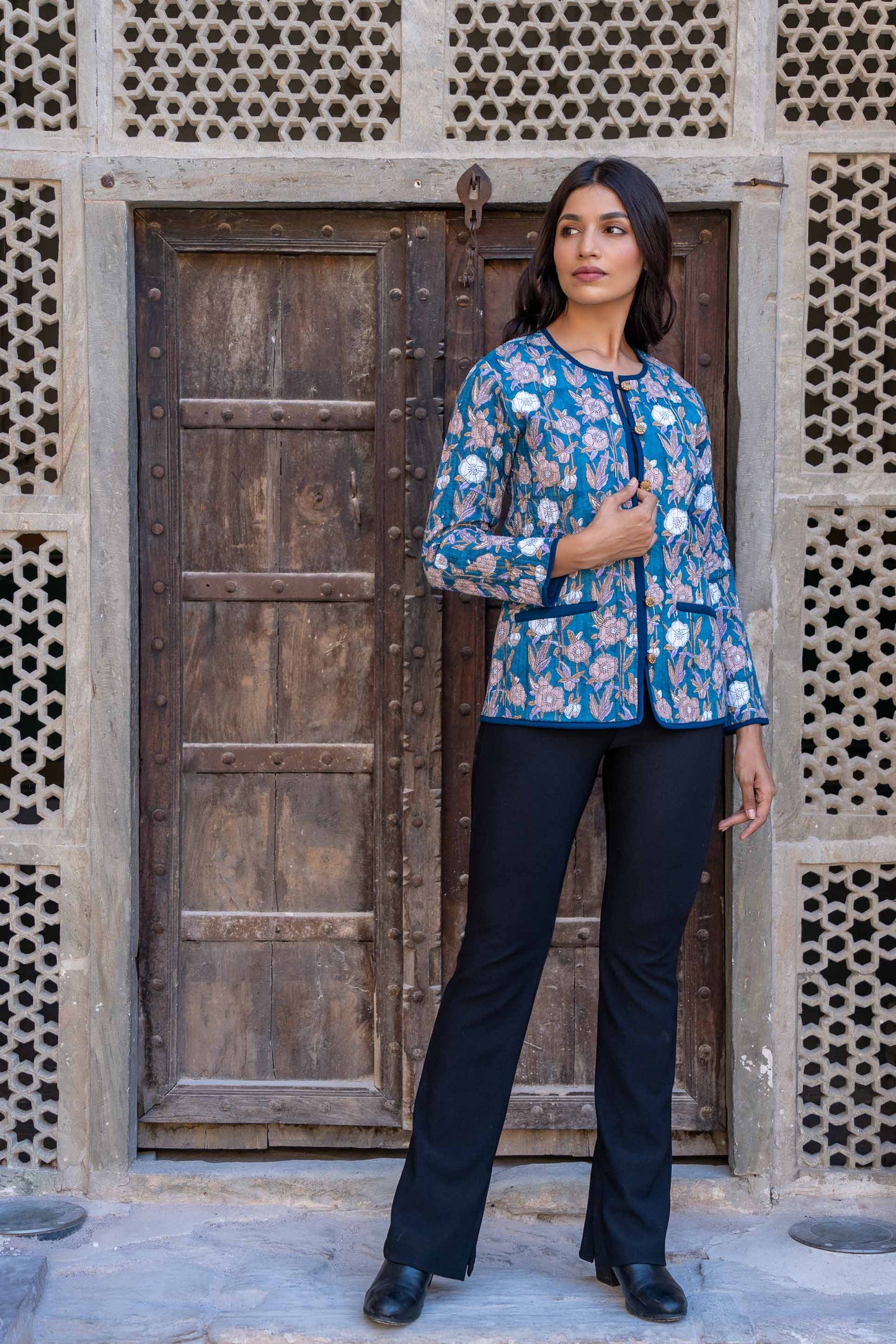 Blue Floral Reversible Block Printed Quilted Jacket- NVQJ278 SALE