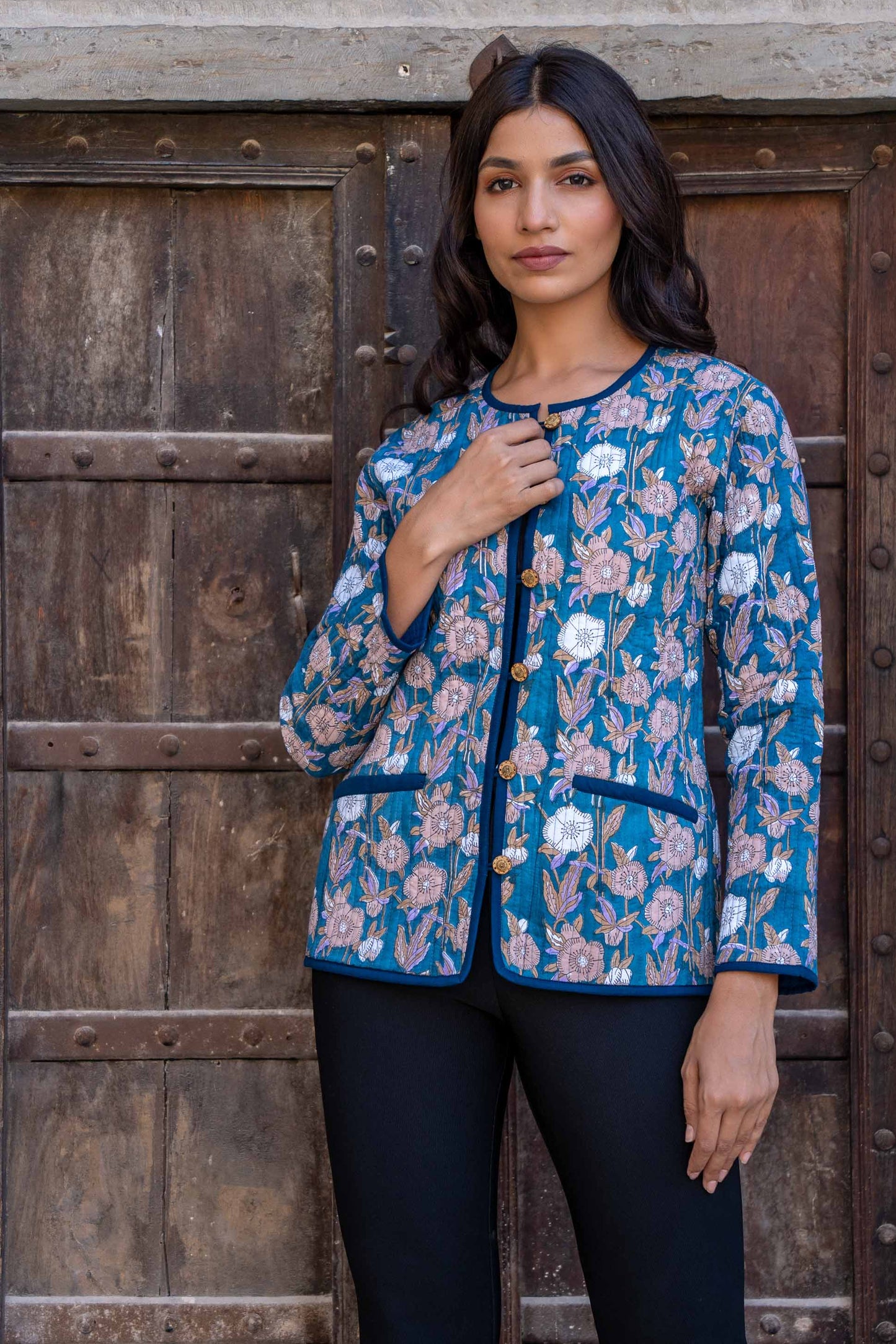 Blue Floral Reversible Block Printed Quilted Jacket- NVQJ278 SALE