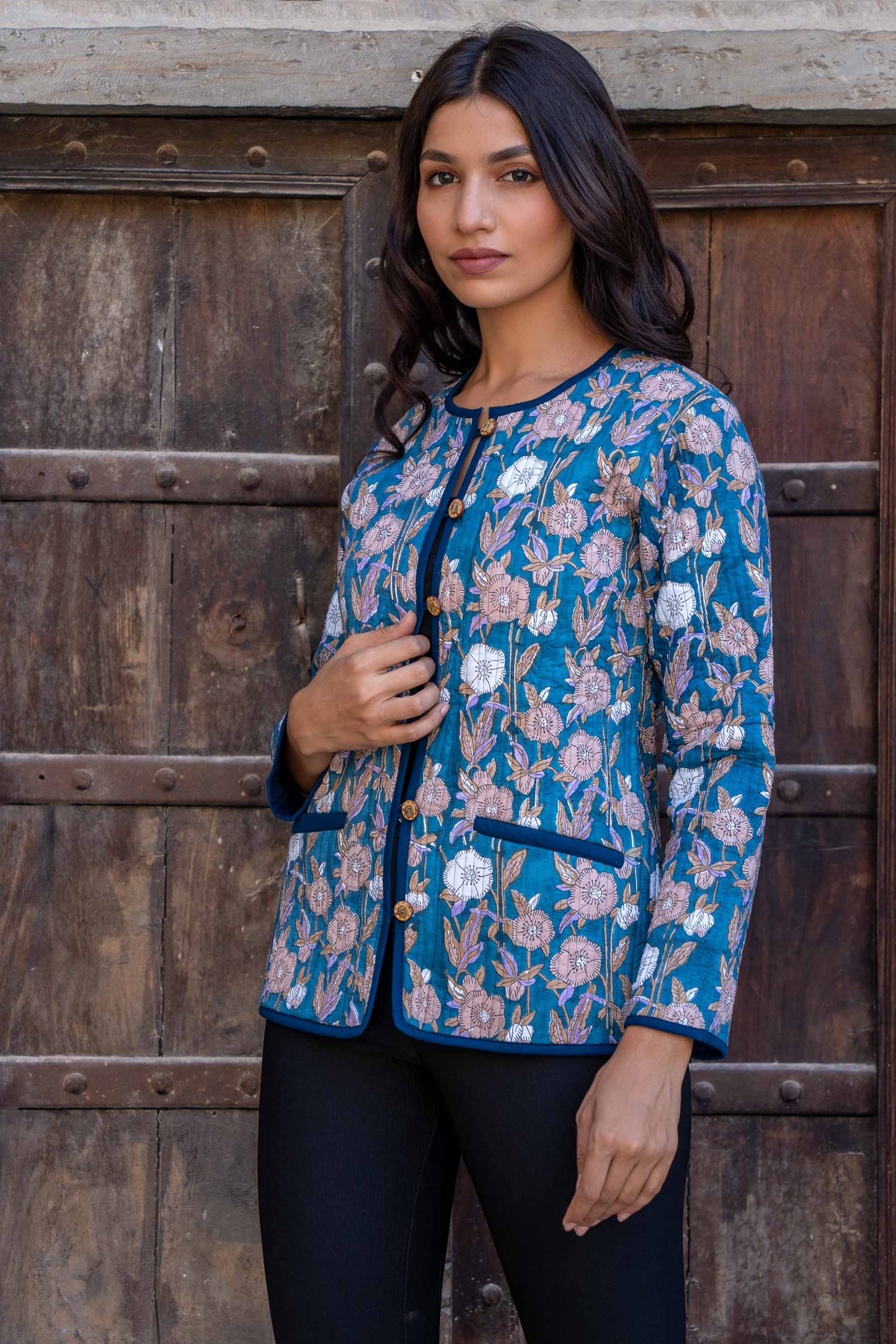Blue Floral Reversible Block Printed Quilted Jacket- NVQJ278 SALE