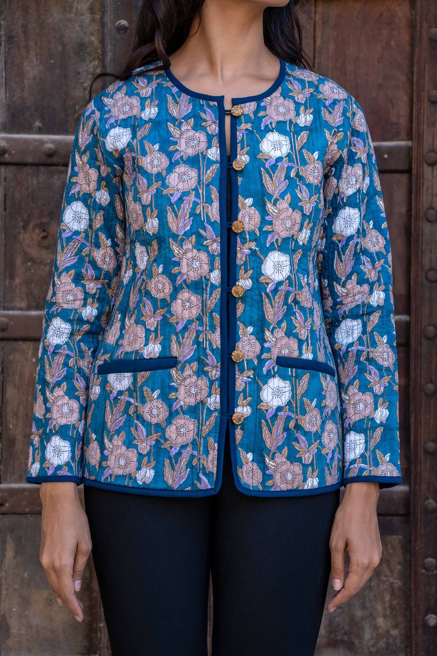 Blue Floral Reversible Block Printed Quilted Jacket- NVQJ278 SALE