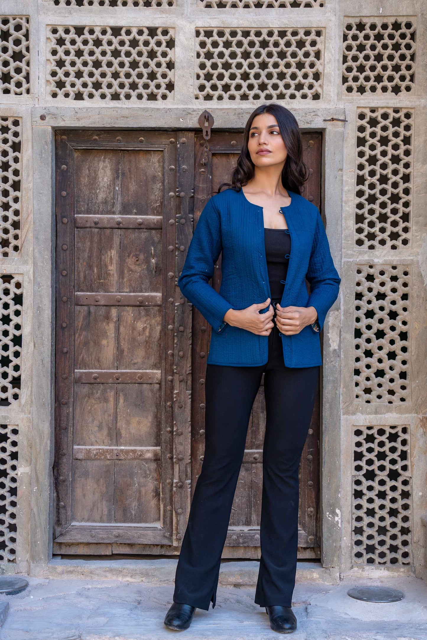 Blue Floral Reversible Block Printed Quilted Jacket- NVQJ278 SALE