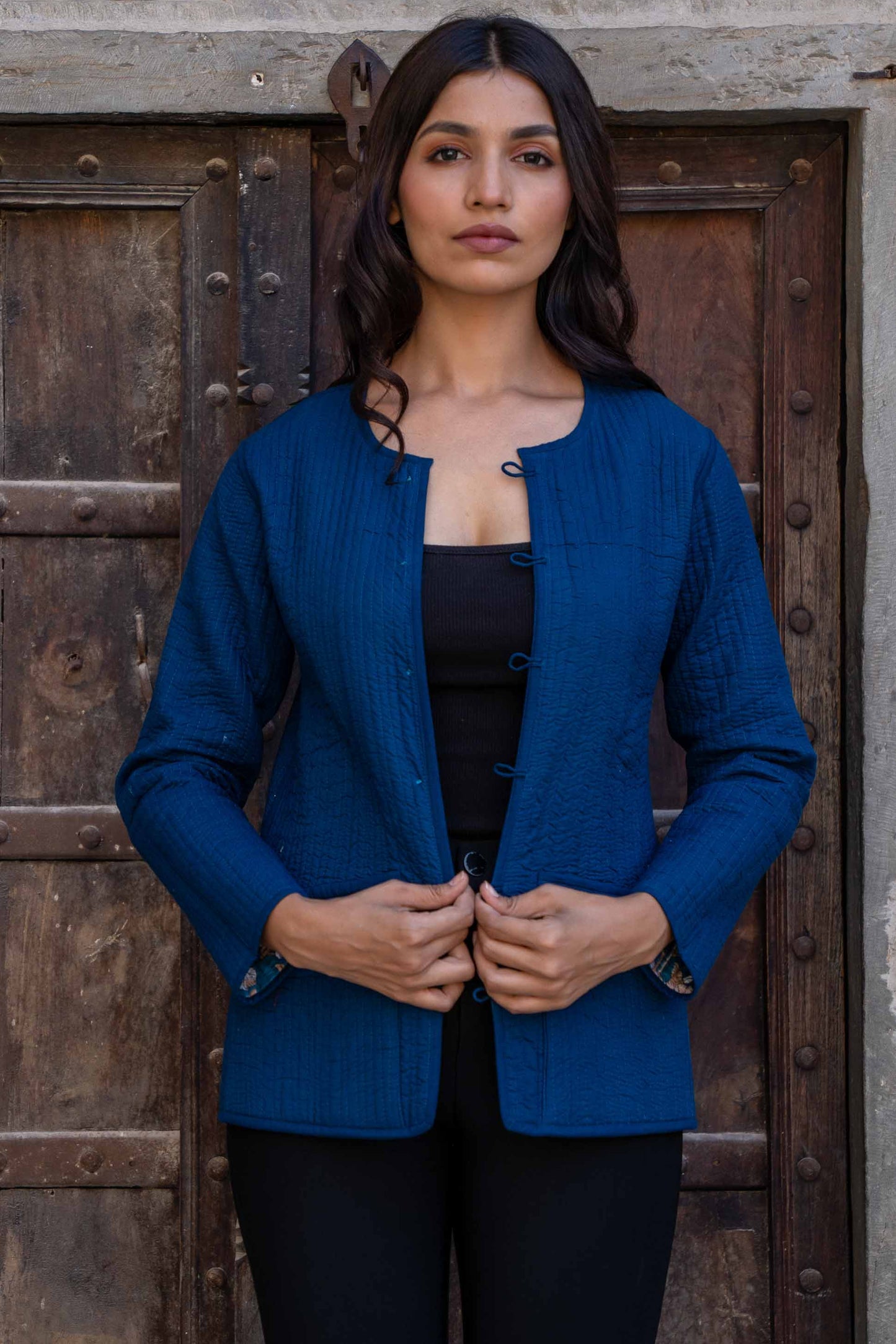 Blue Floral Reversible Block Printed Quilted Jacket- NVQJ278 SALE