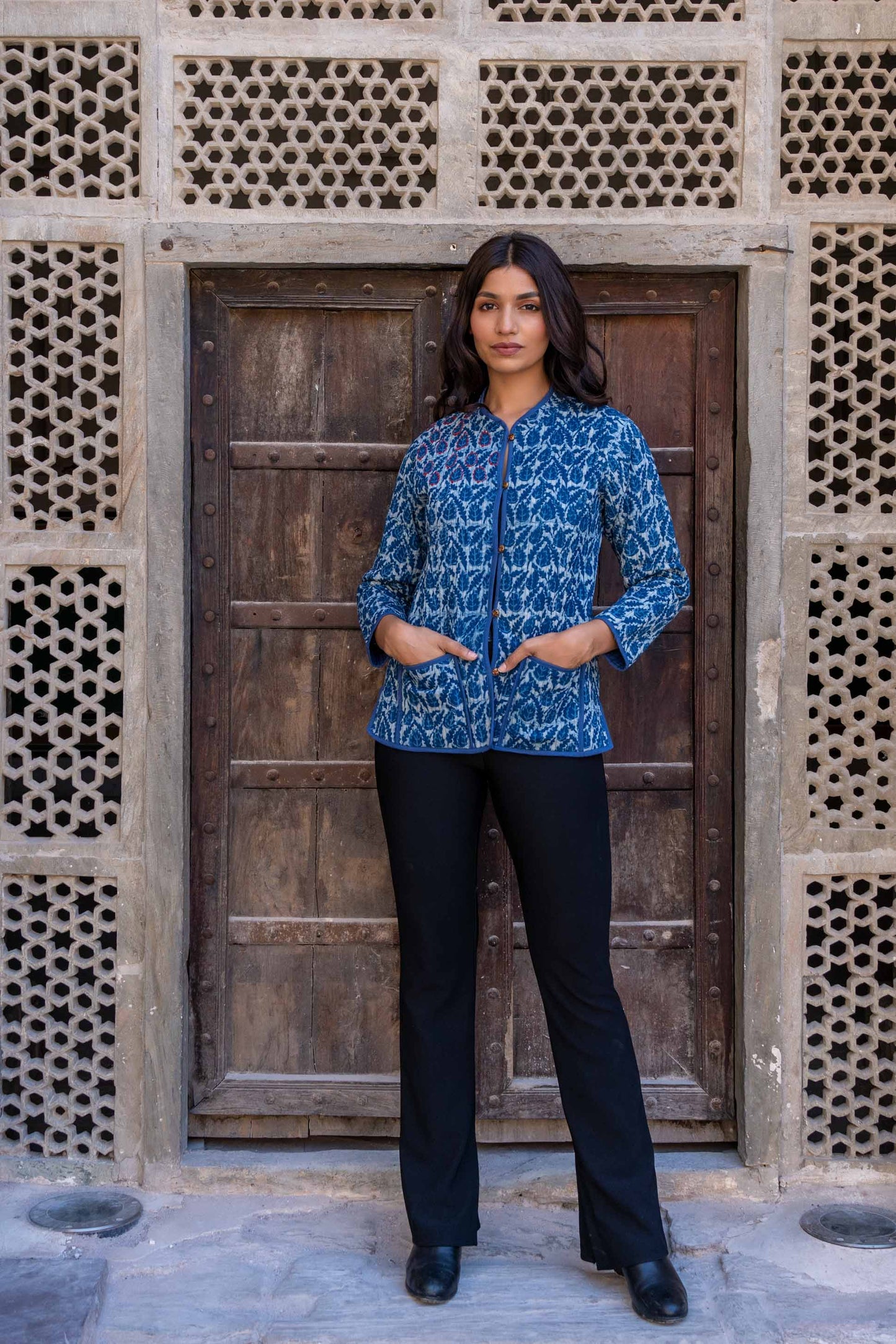 Indigo Red Kantha Reversible Jacket- NVQJ288 SALE