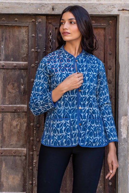 Indigo Red Kantha Reversible Jacket- NVQJ288 SALE