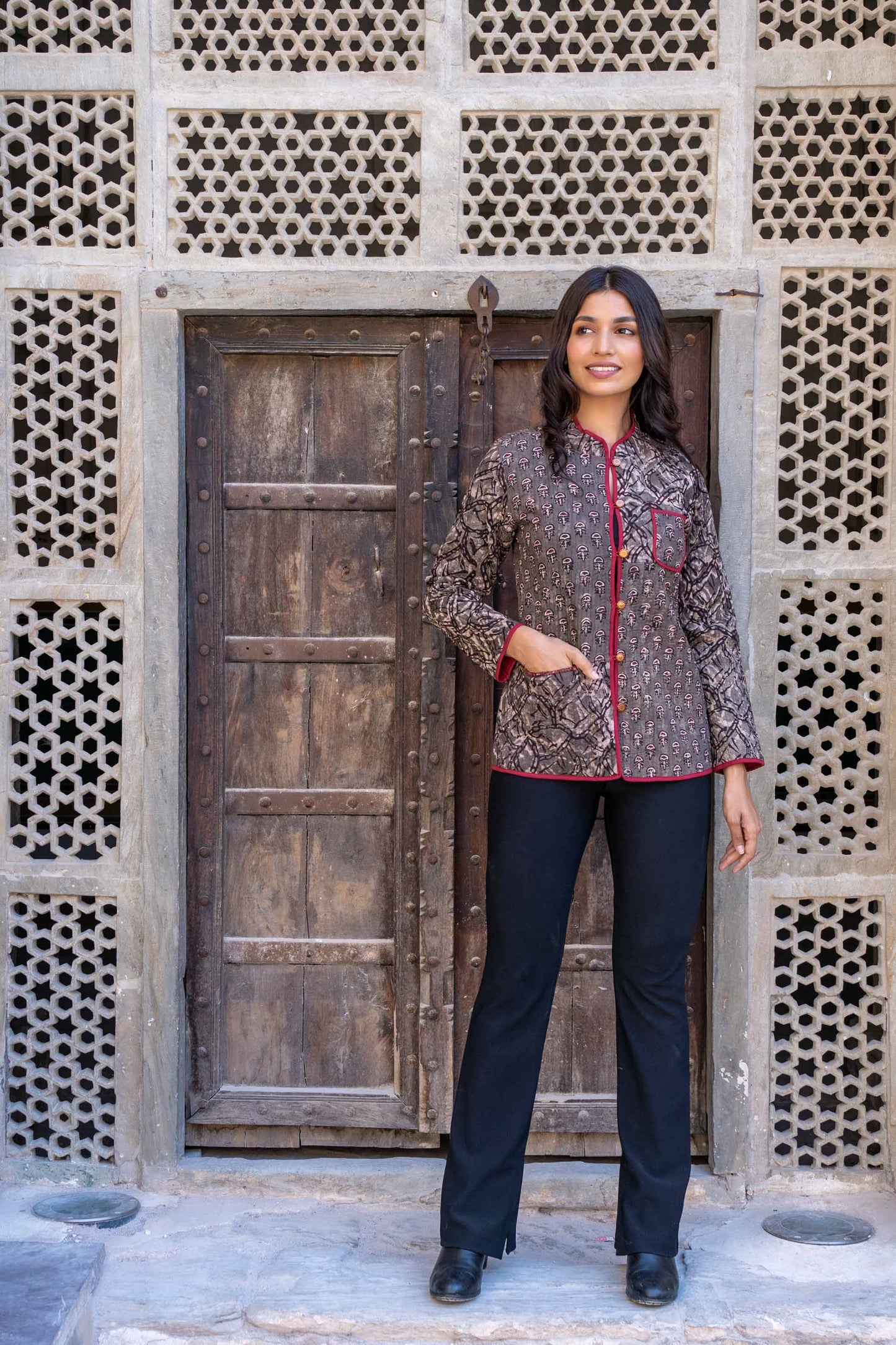 Natural Kashish Block Print Quilted Jacket- NVQJ292