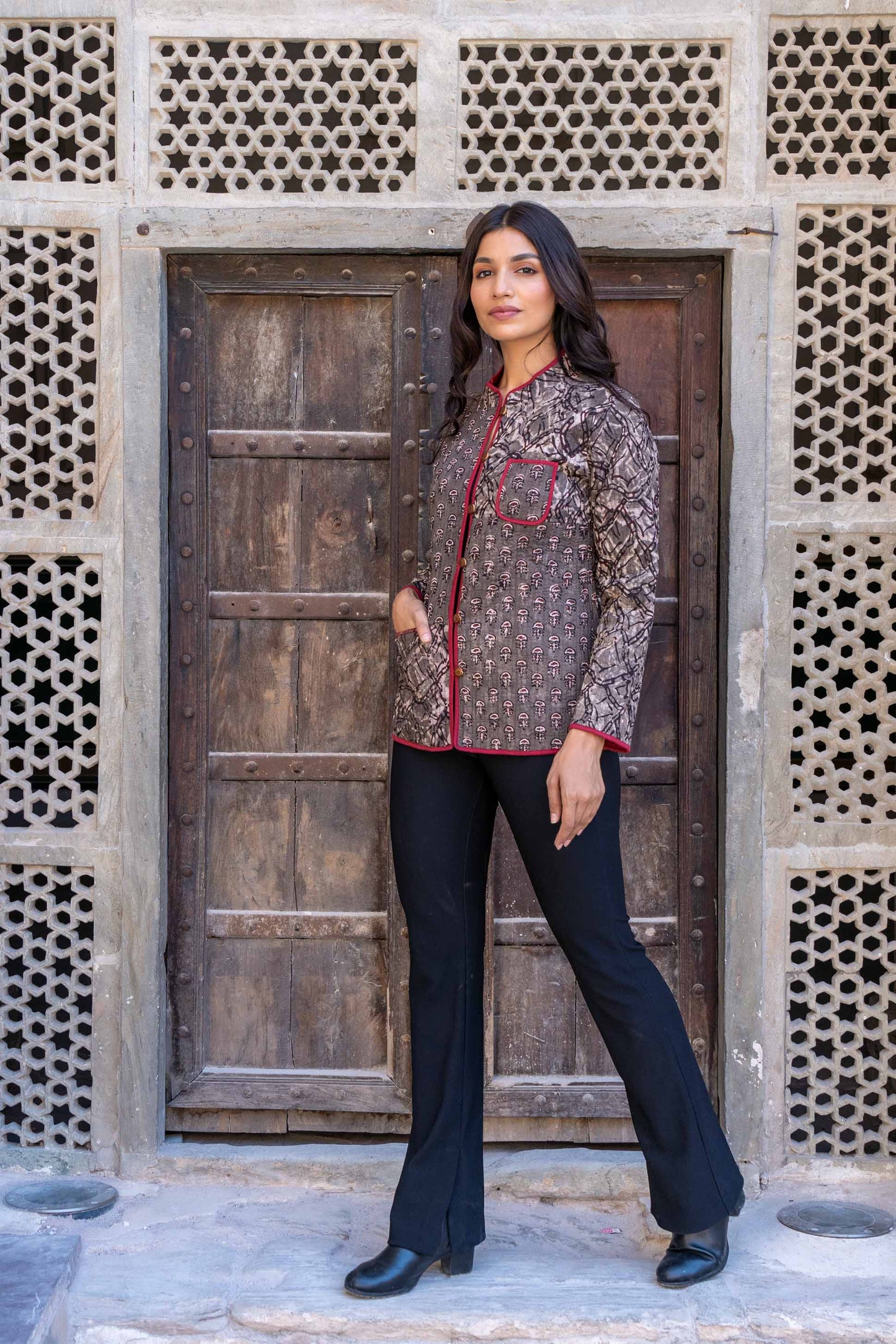 Natural Kashish Block Print Quilted Jacket- NVQJ292