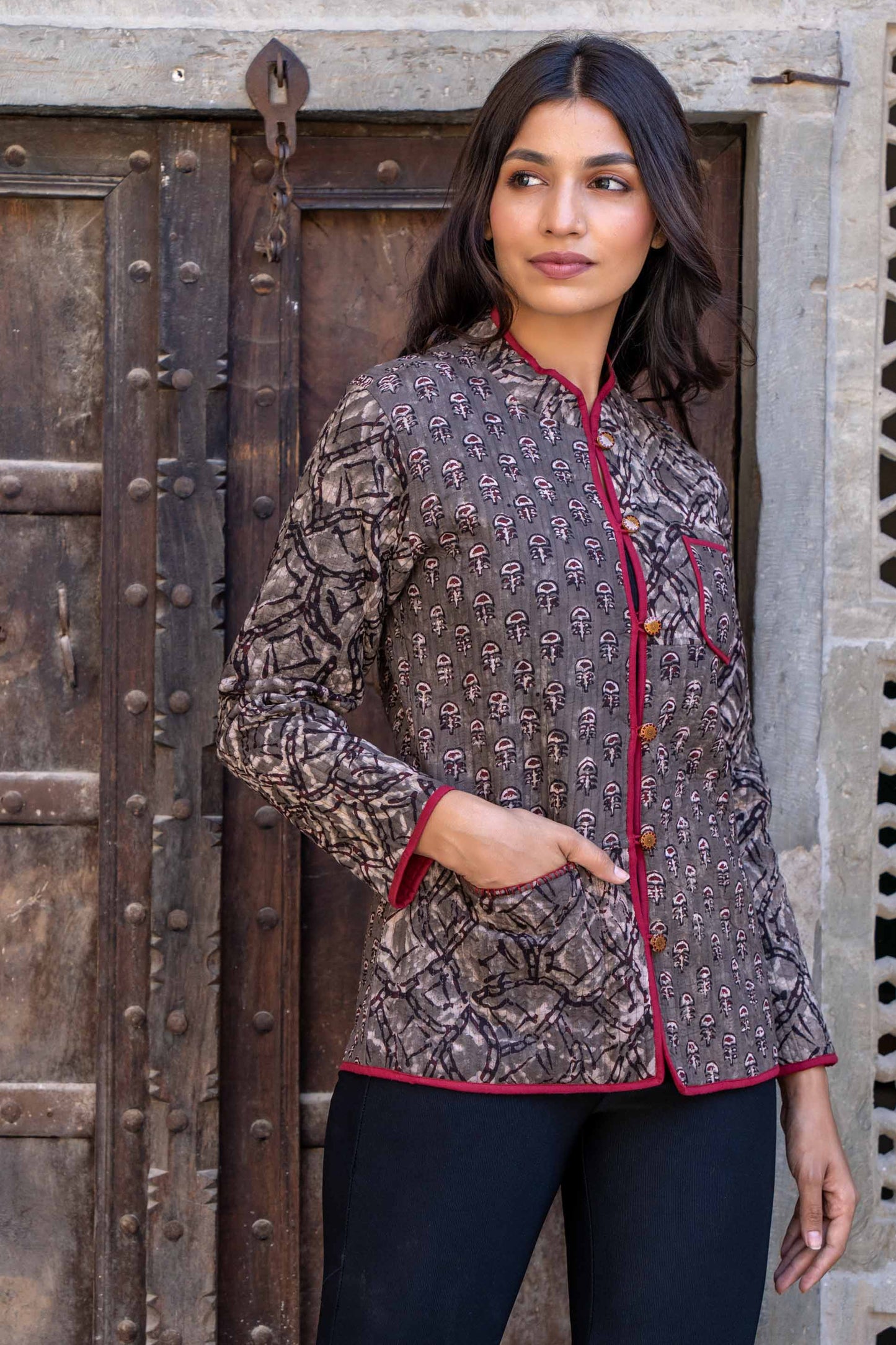 Natural Kashish Block Print Quilted Jacket- NVQJ292