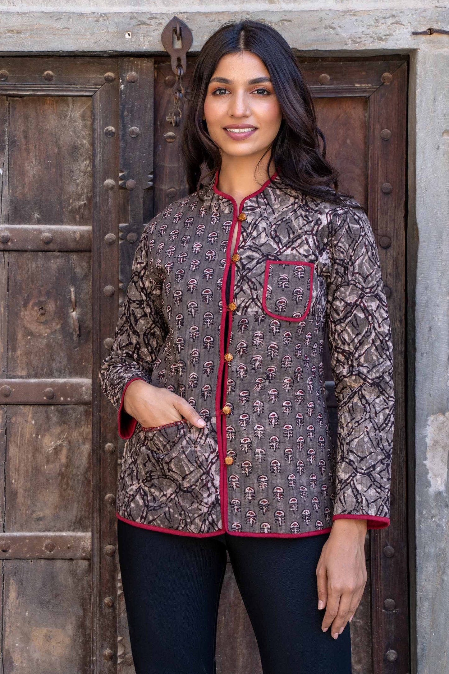 Natural Kashish Block Print Quilted Jacket- NVQJ292