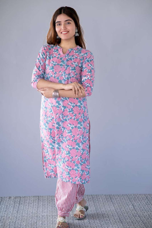 PINK FLORAL BLOCK PRINTED KURTA PANT SET-NVKS726