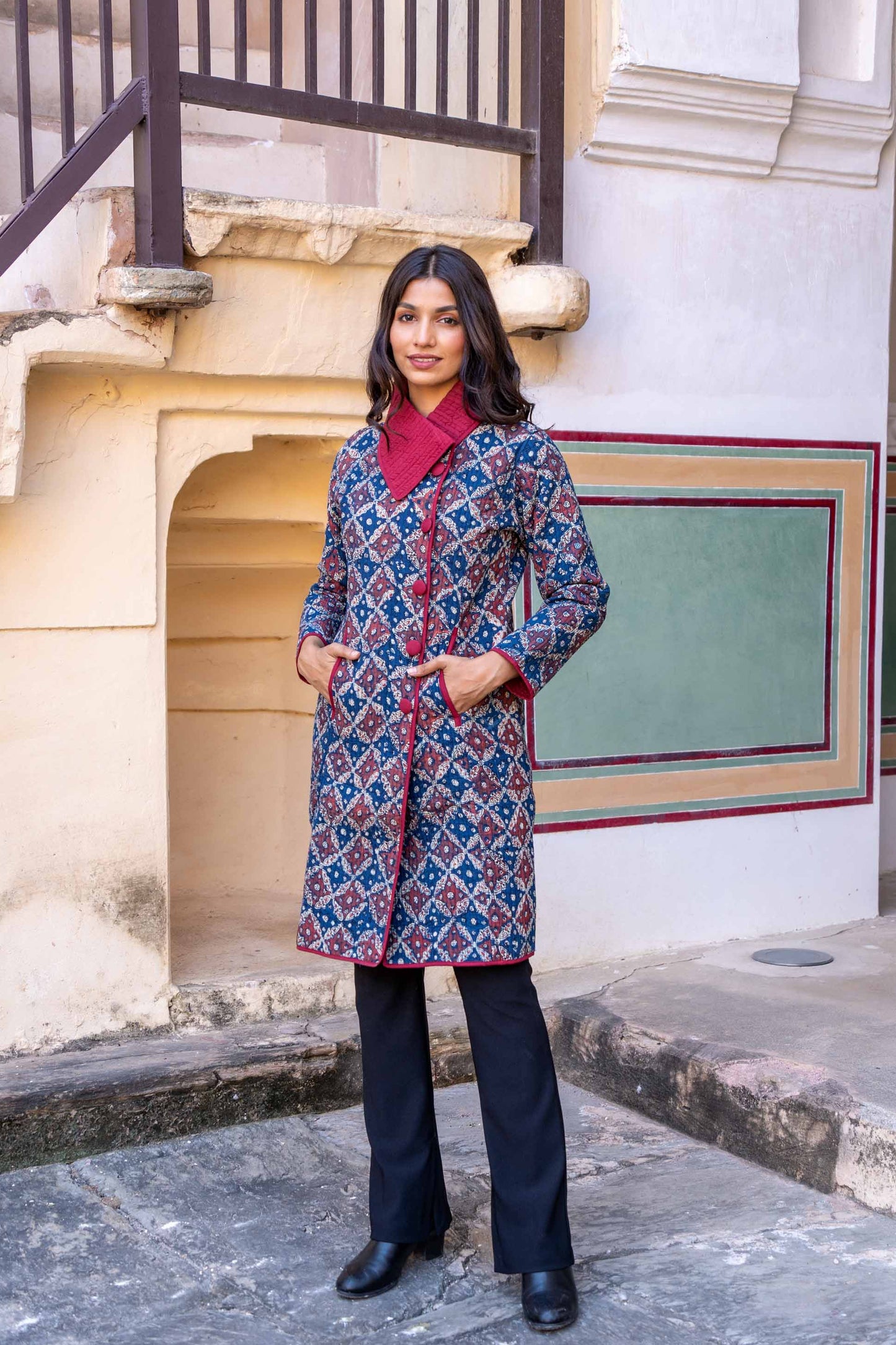 Ajrakh Blue Block Printed Quilted Bukhara Coat-NVQJ318