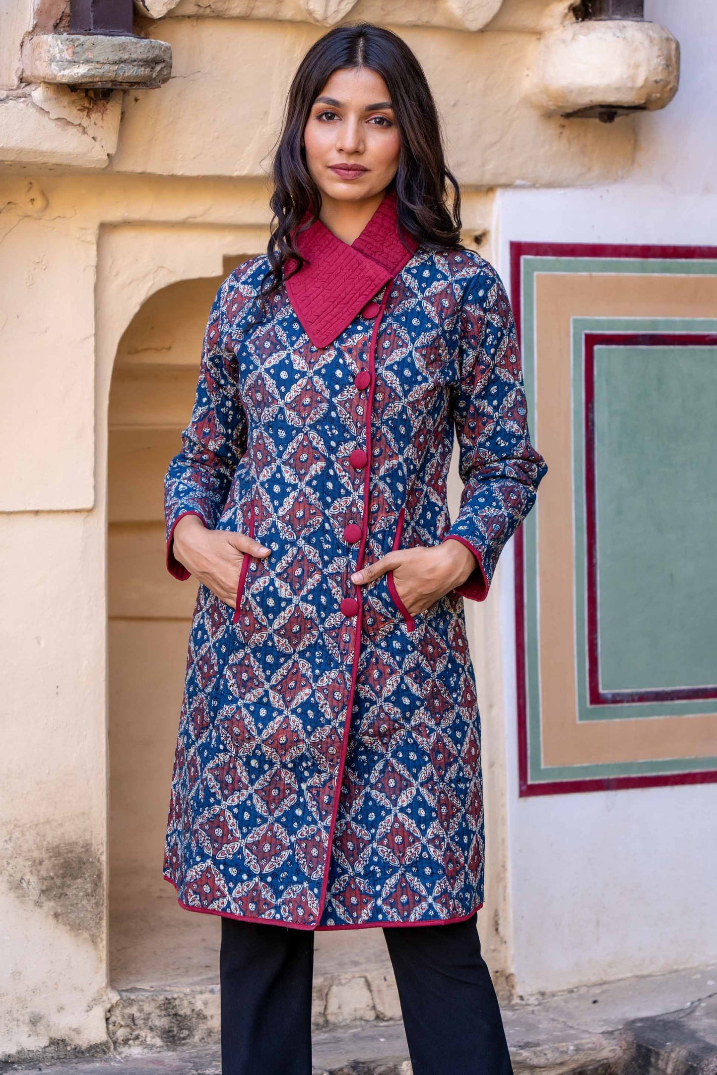 Ajrakh Blue Block Printed Quilted Bukhara Coat-NVQJ318